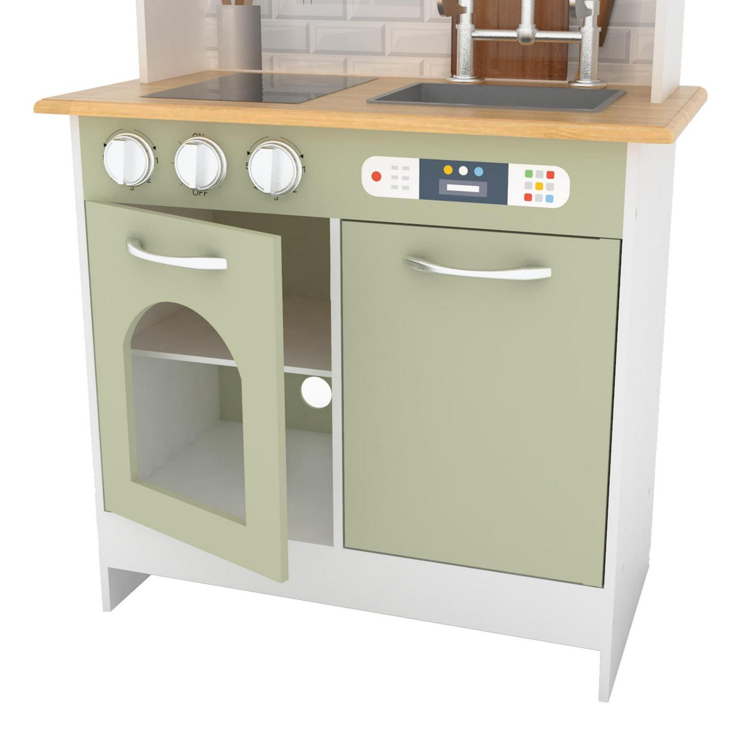 Teamson Kids Little Chef Boston Modern Kitchen Playset. 9 Pcs Acc Set. Oven. Microwave. Burner. Sink. White/Green