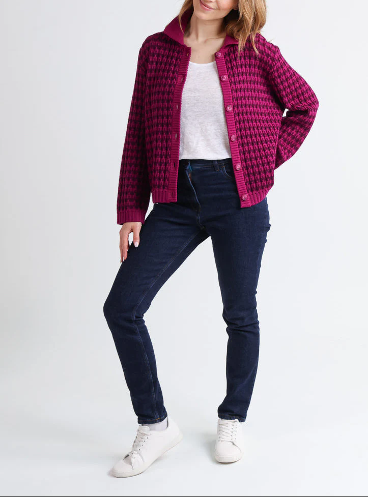 Veste femme en laine mérinos rayée violet