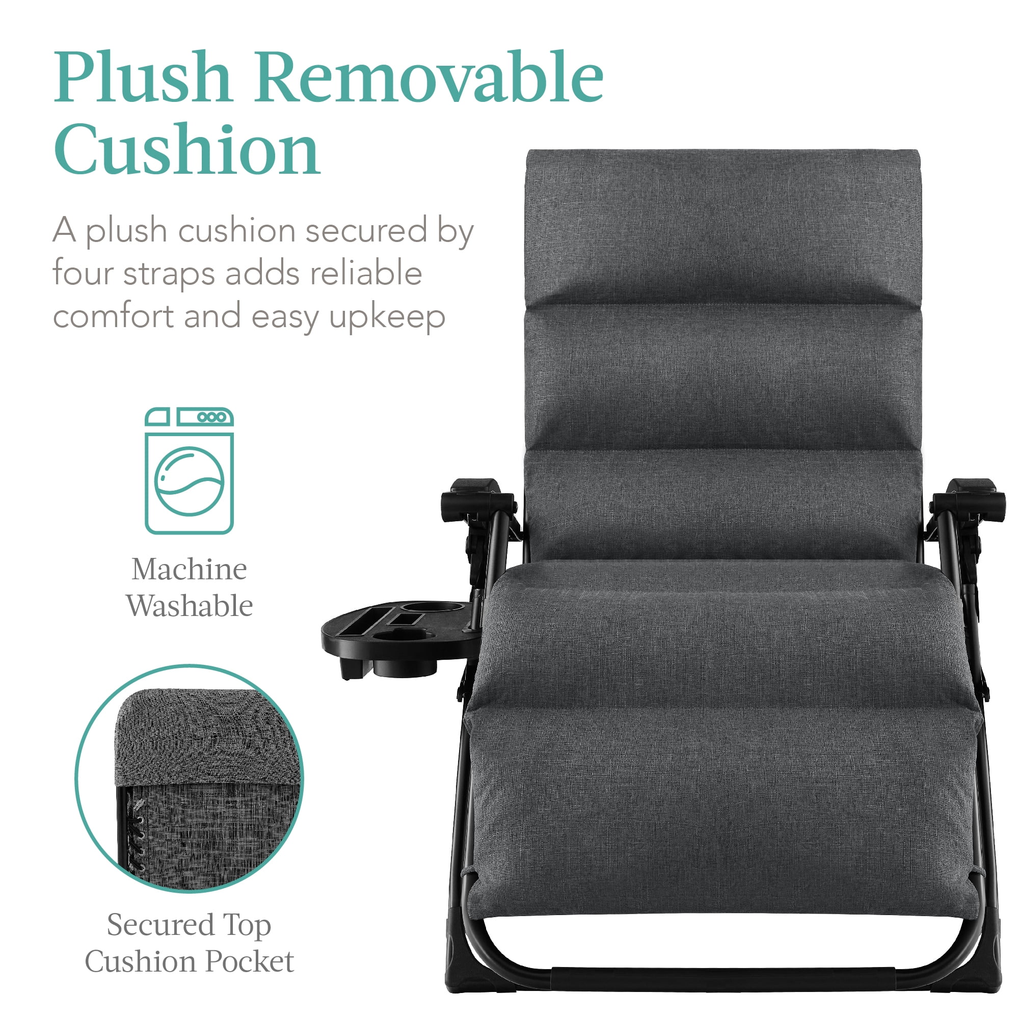 Oversized Zero Gravity Chair, Folding Recliner w/ Removable Cushion, Side Tray Fossil Gray(Fossil Gray) - Image 4