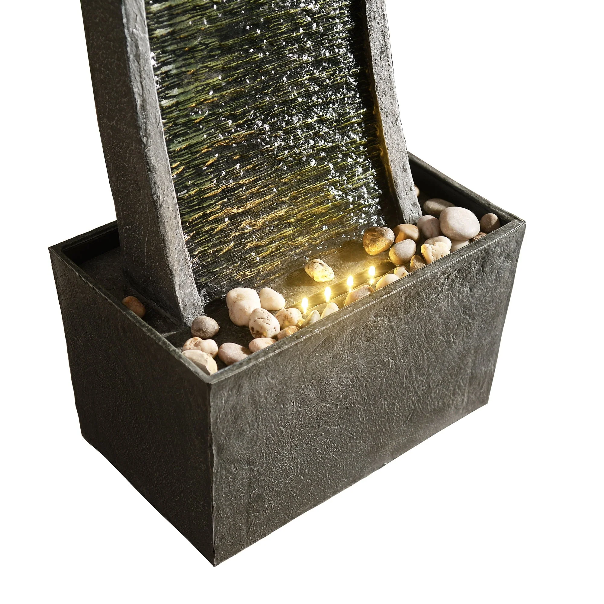 Indoor/Outdoor Modern Curved Slate Stone Look Tall Waterfall Fountain with LED Lights Image 7