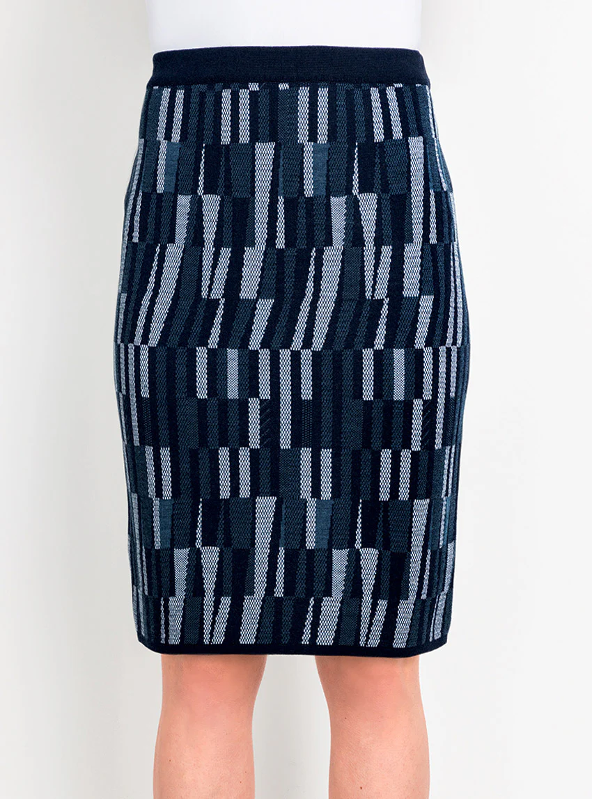 Jupe droite en laine jacquard bleu