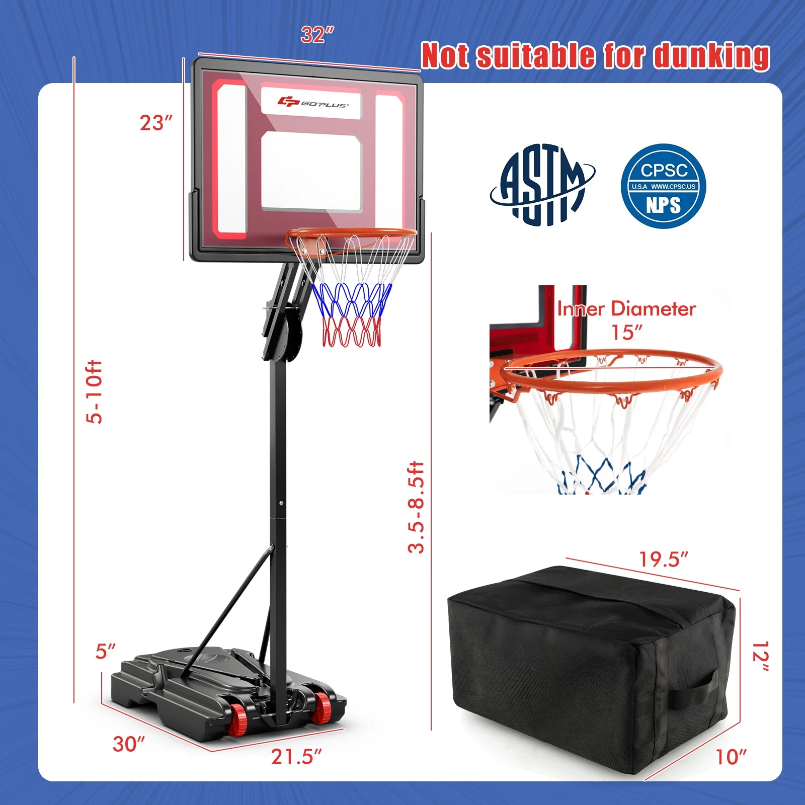 Infans Portable Basketball Hoop System 5 - 10 FT Adjustable W/Weight Bag Wheels Outdoor