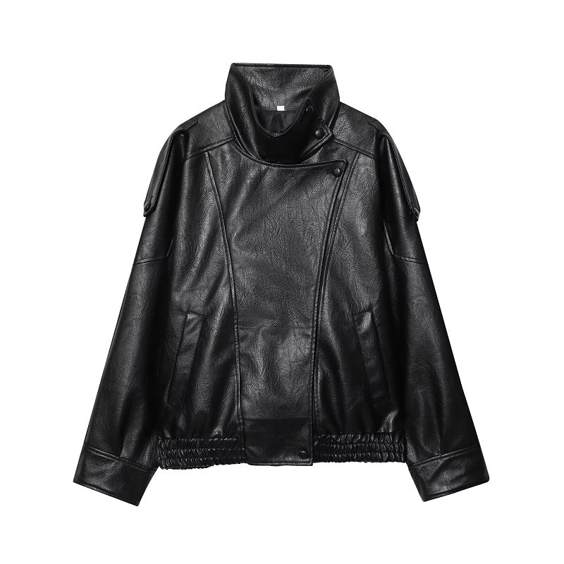 Veste en cuir asymétrique à col montant pour femmes