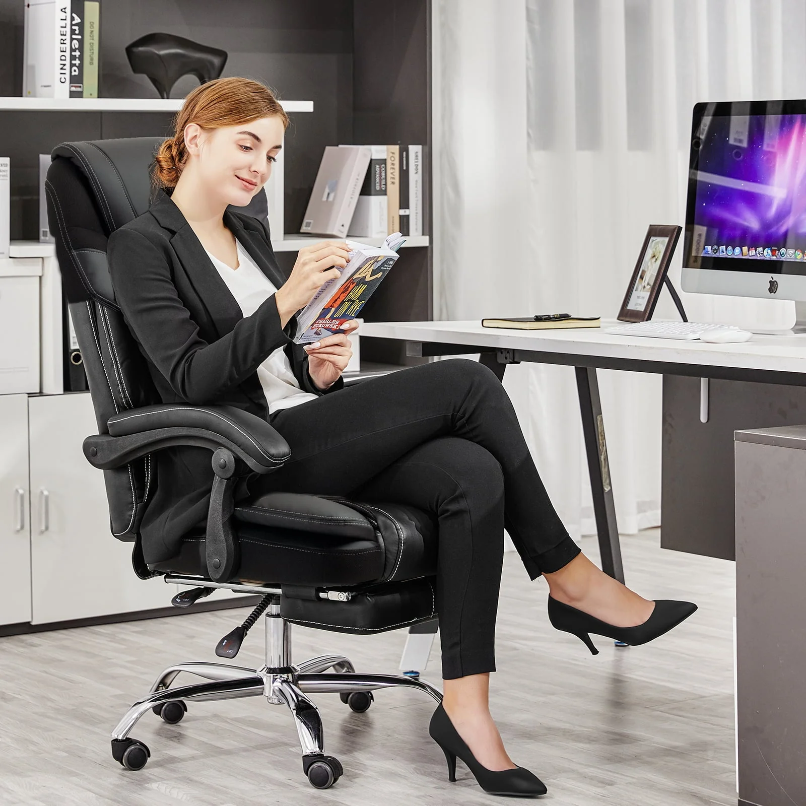 Massage Office Chair, Reclining Office Chair with Footrest, Ergonomic Office Chair with Lumbar Support, High Back Executive Office Chair, Height and Armrest Adjustable, 300 lb Capacity