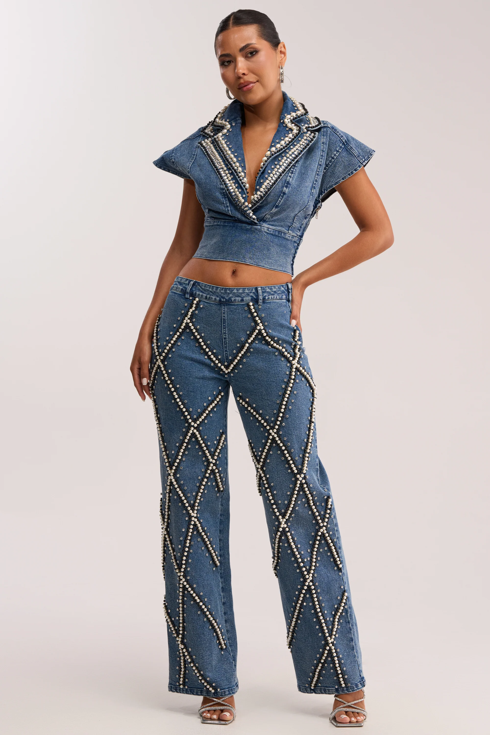 DRIPPING IN PEARLS DENIM BLOUSE - Akira Store