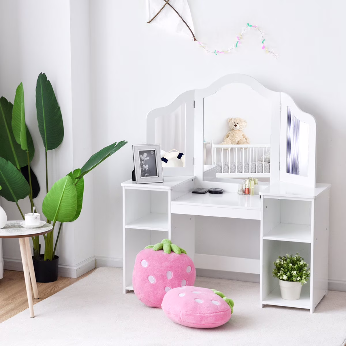 Vanity Table Set Makeup Dressing Kids Girls Study Table Tri Folding Mirror White(White)