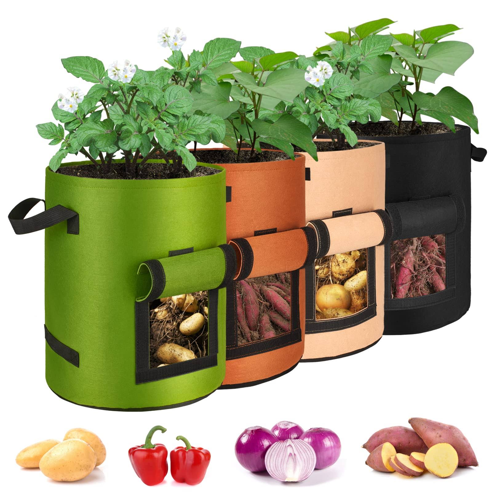 BEAUTYFLOWER 4 Packs 10 Gallon Grow Bags,Garden Planter Pot with Handles and Harvest Window for Growing Potato Tomato and Vegetables,Heavy Duty 400g