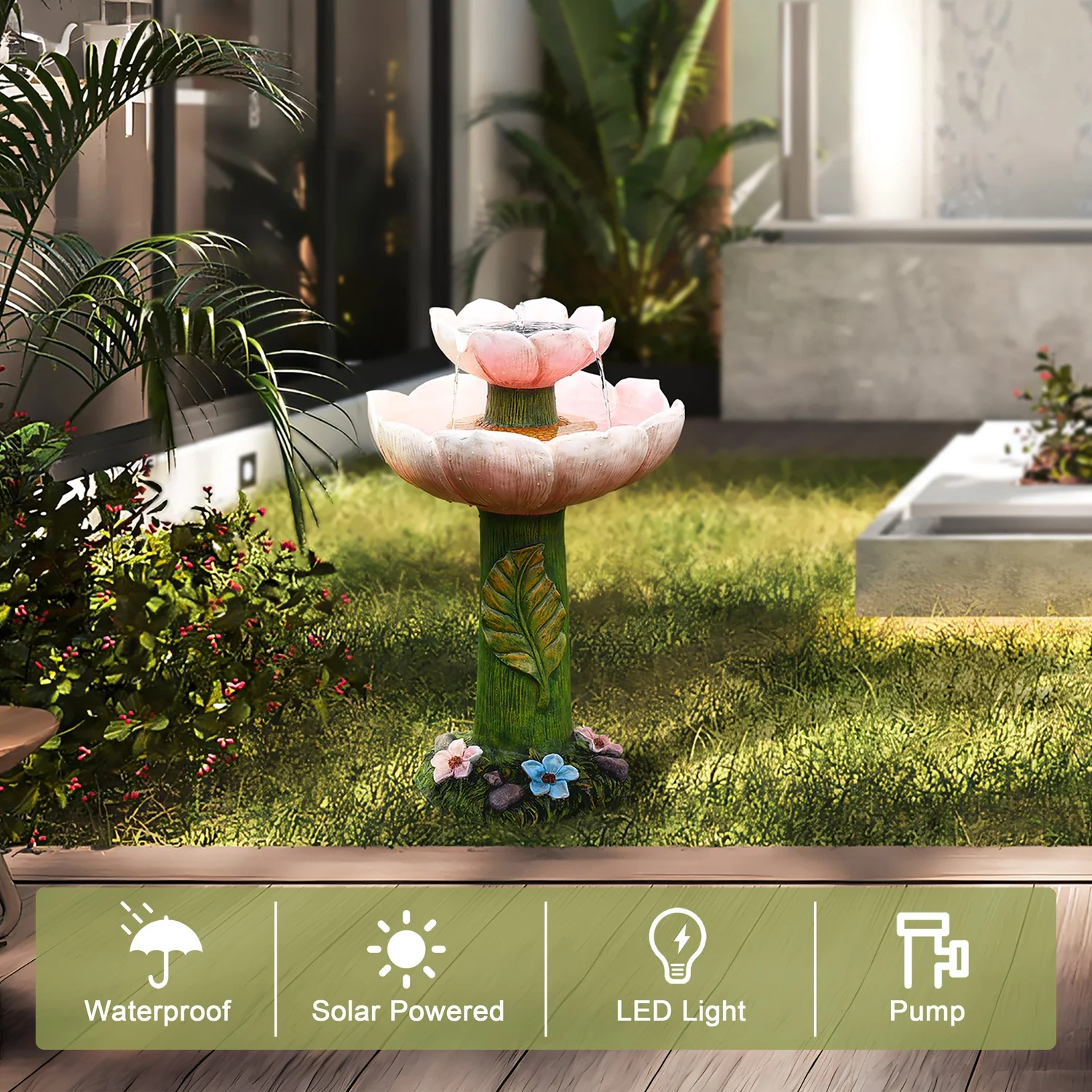 Luxenhome Solar Powered Pink Flower 2 - Tier Resin Birdbath Fountain with Lights