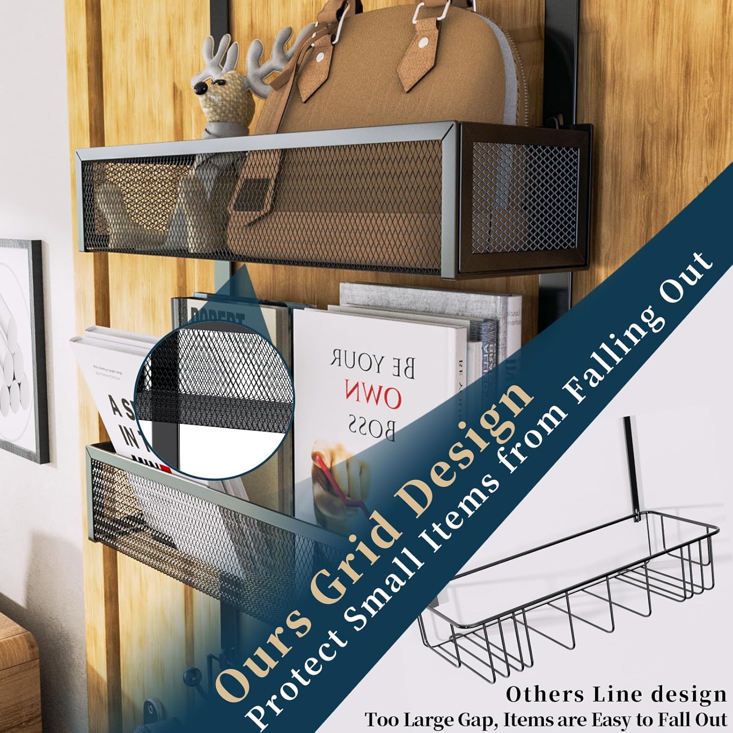 Consumest Over The Door Hooks Organizer - 3 Tier Door Hanger with 9 Coat Hooks & 2 Mesh Baskets, Back Storage Organizer for Hanging Towels in Bathroom, Bedroom, Black