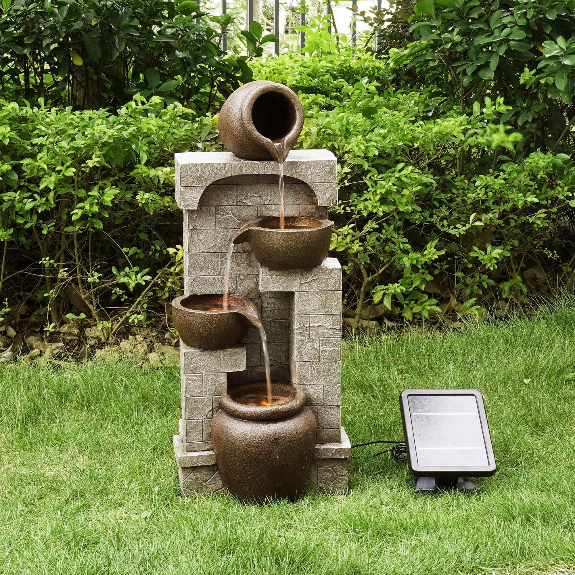 Teamson Home 28.5 Solar Powered 4-Tier Cascading Bowls & Stacked Stones Garden Water Fountain with LED Lights, Brown