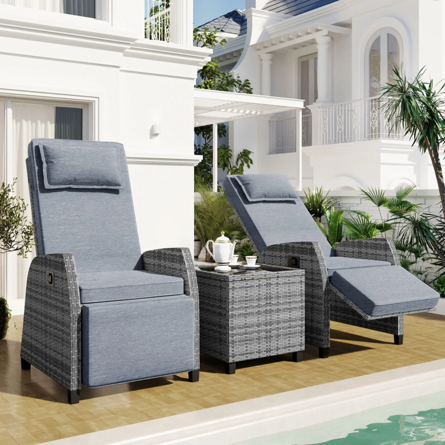 AECOJOY Outdoor Rattan Two-person Combination with Coffee Table, Adjustable, Suitable For Courtyard, Swimming Pool, Balcony