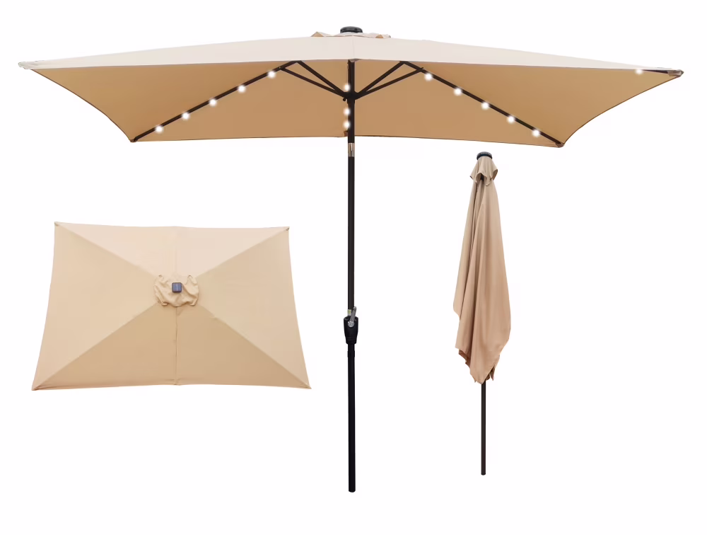 10 x 6.5t Patio Umbrella,Rectangular Picnic Table Umbrella,6-8 Chairs Tilt Umbrella with 26 LED Lights,Waterproof Umbrella Sunshade with Crank and Push Button Tilt for Garden Backyard Pool,Mushroom