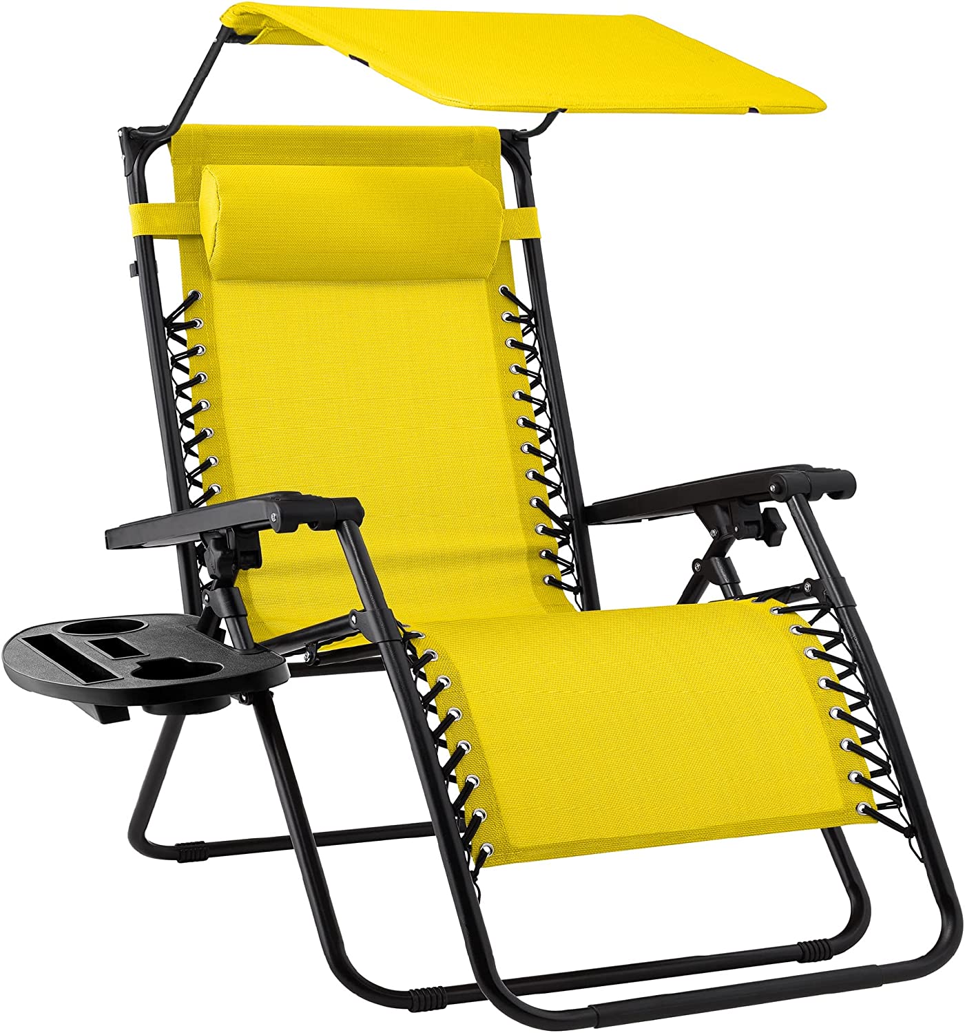 Fauteuil de jardin inclinable zéro gravité pliable avec auvent réglable, appui-tête, tablette latérale et revêtement en maille textilène beige.