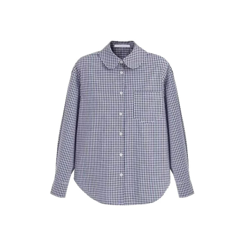 LONGÉ Women's Blue and White Check Rounded Collar Shirt