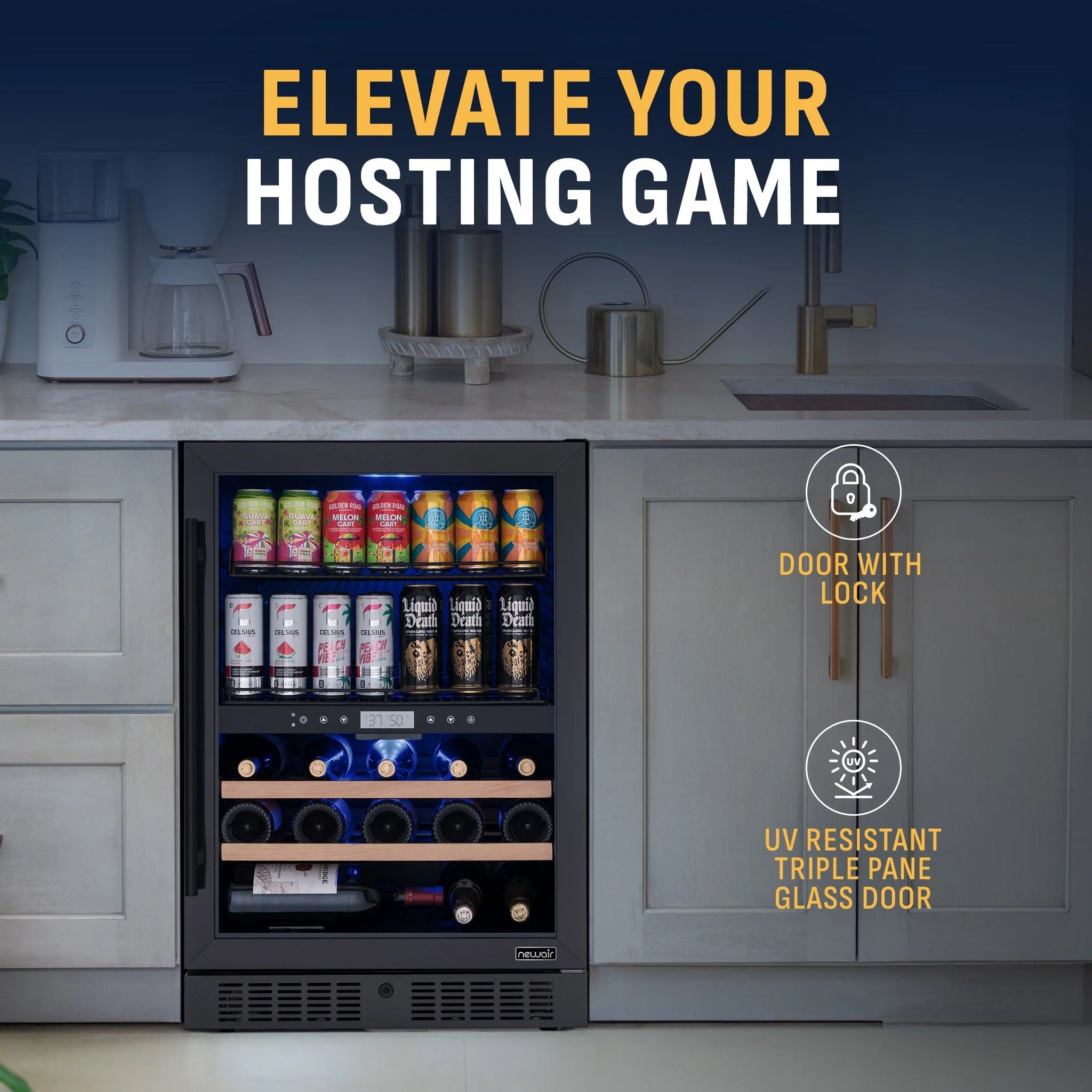 Newair 100-Can, 24-Bottle Built-in Dual Zone Black Beverage Fridge - 24