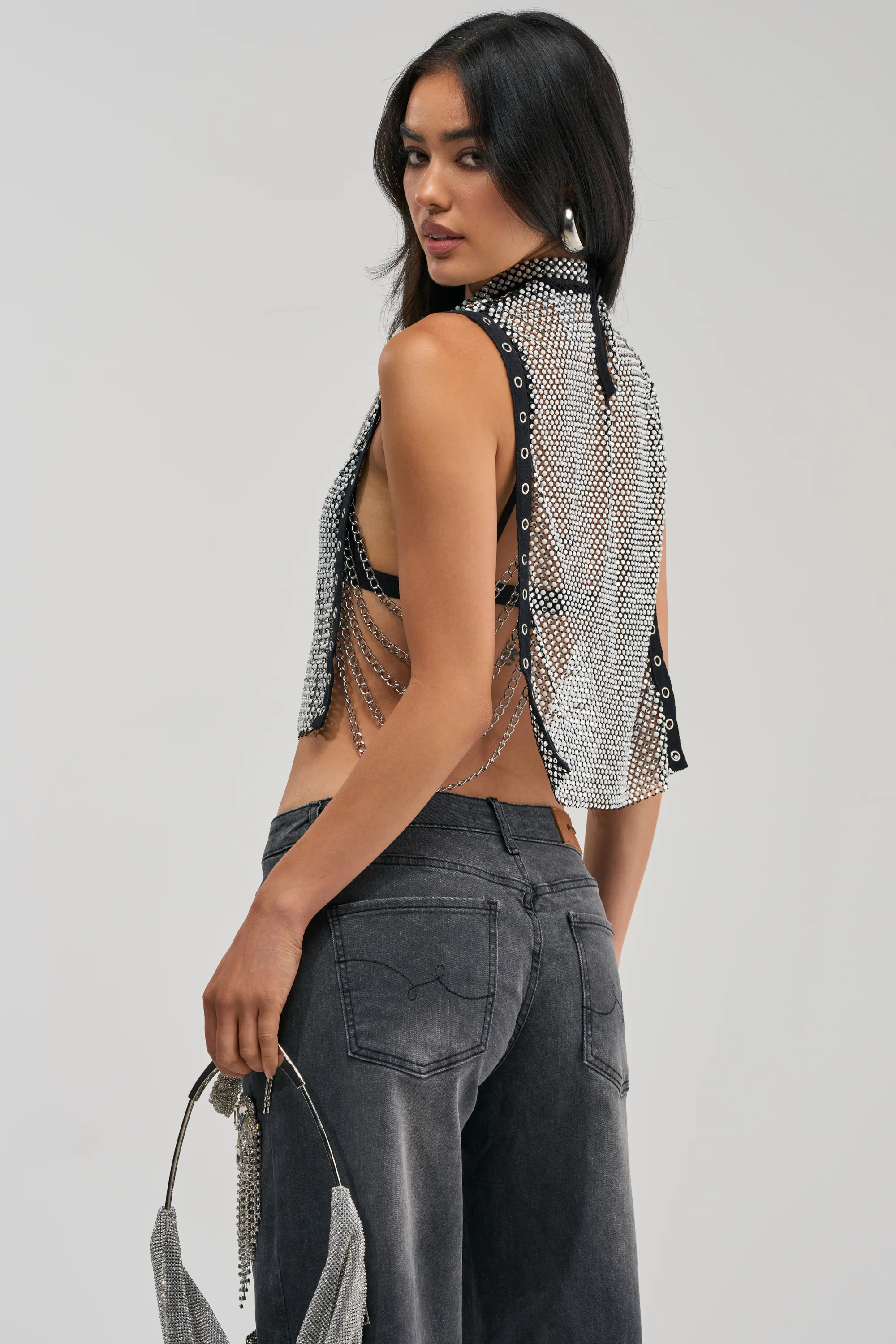 NO CRYING IN THE CLUB RHINESTONE MESH TOP - Akira Store