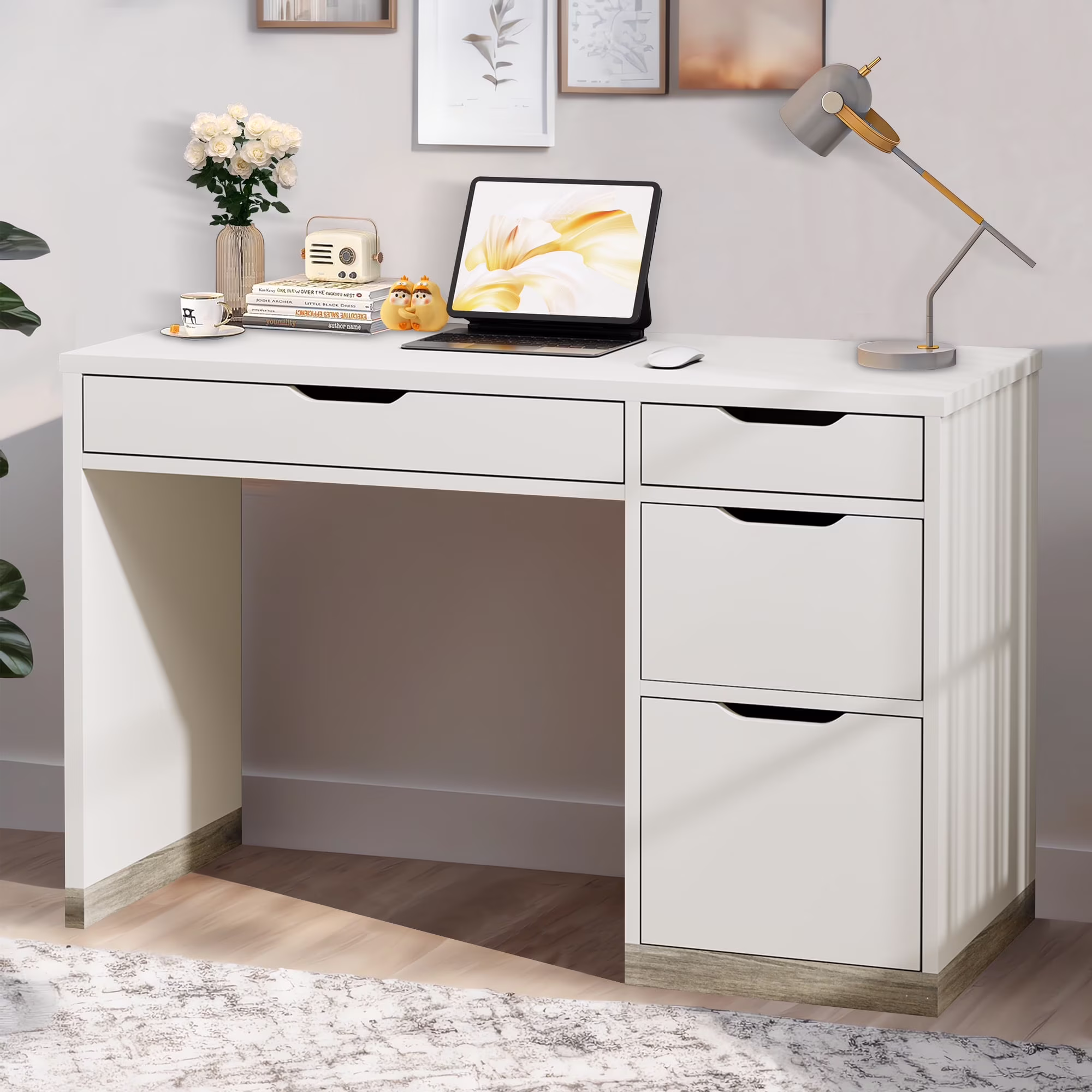 White Desk with Drawers, Modern Computer Desk with File Drawers, Home Office Study Writing Desk with Storage, White(White)