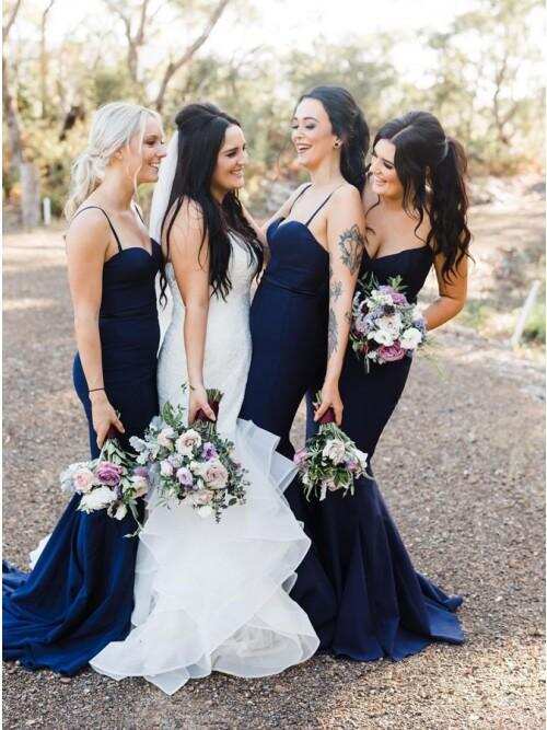 Mermaid Spaghetti Straps Sweep Train Navy Blue Long Bridesmaid Dress DMR25