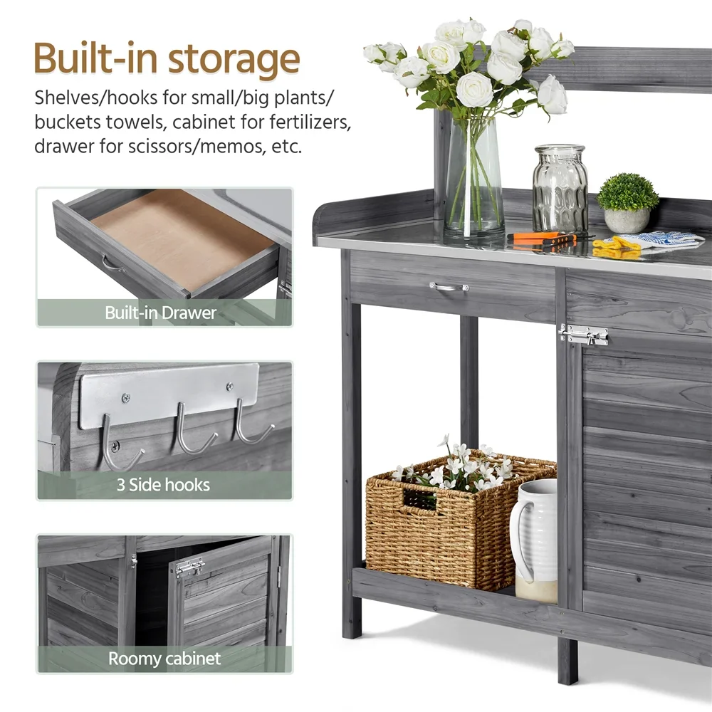 SmileMart Wooden Garden Potting Bench Table with Cabinet, Gray