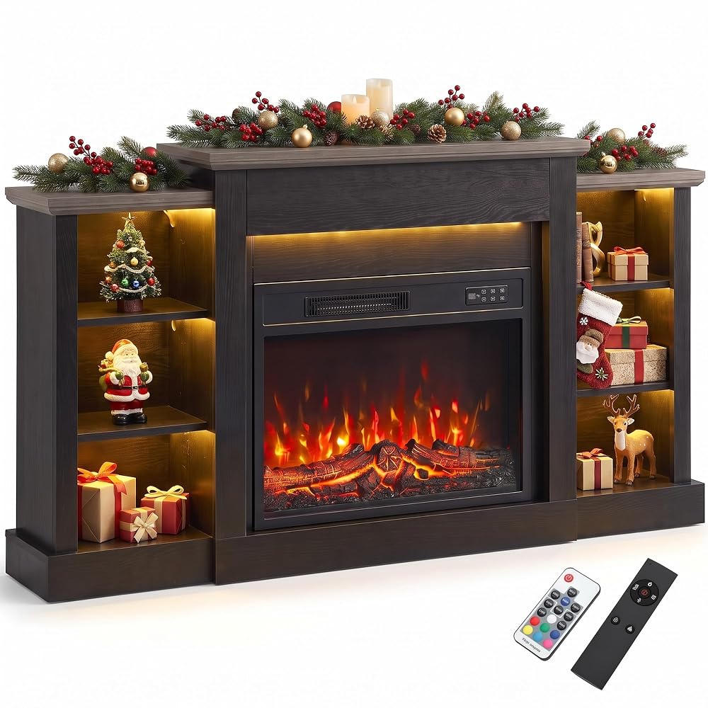 HOMCOM 55" Fireplace TV Stand for TVs up to 65", 1500W, Black Wood Grain