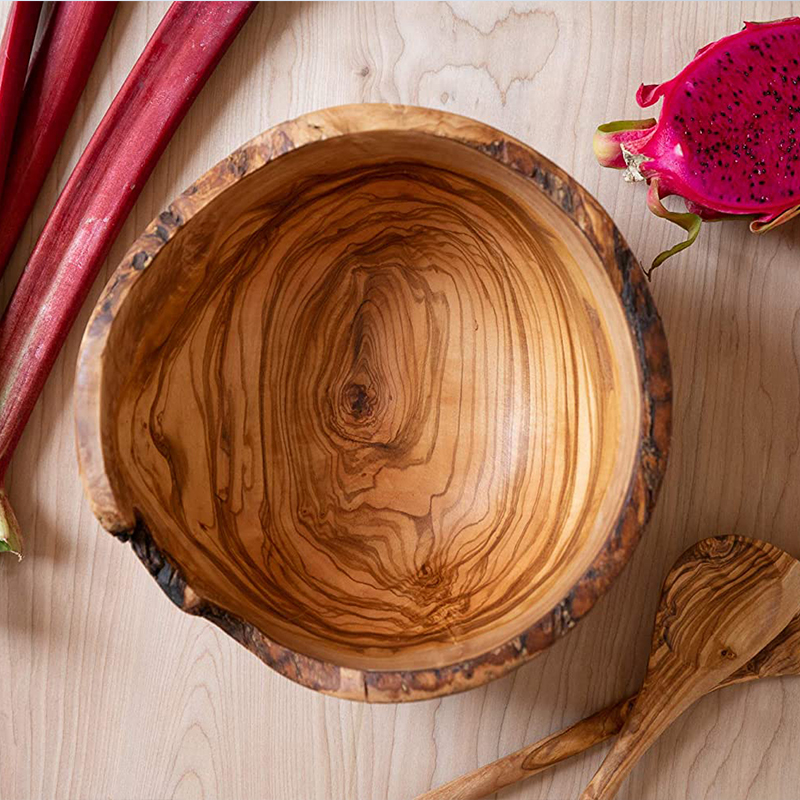 Olive Wood Rustic Fruit Bowl, 9 Inch Wide Olive Wood with Burled Grain and Semi Bark Edge