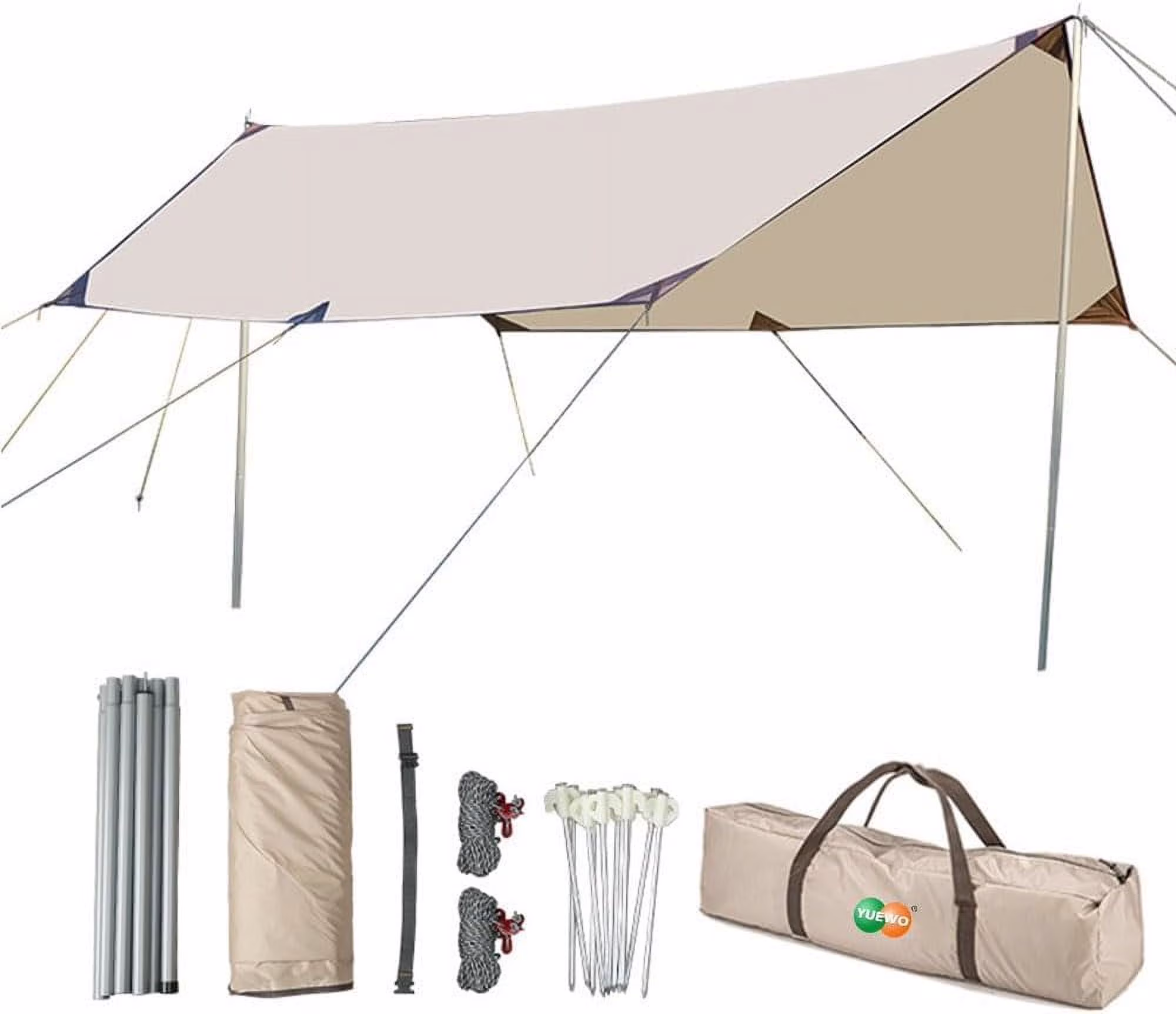 YUEWO 15��10FT 210D Oxford UPF50+ Shelter Camping Tarp with 2 * 7FT Poles, Waterproof & Lightweight Tent Tarp, Rain Fly Sun Shelter, Can Used with Car,Tent & Hammock for Picnic, Garden & Outdoor