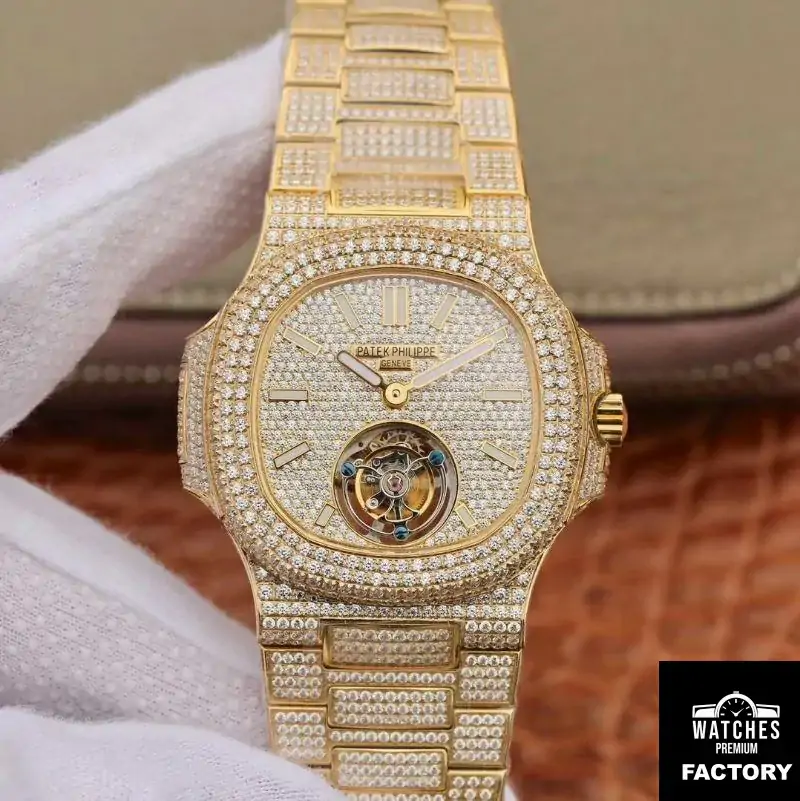 Patek Philippe Nautilus Jumbo 5711 Tourbillon R8 Factory 18K Yellow Gold Diamond Dial