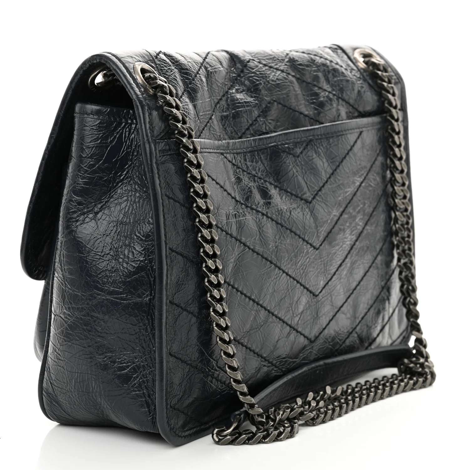 Crinkled Calfskin Matelasse Monogram Medium Niki Chain Satchel Deep Marine
