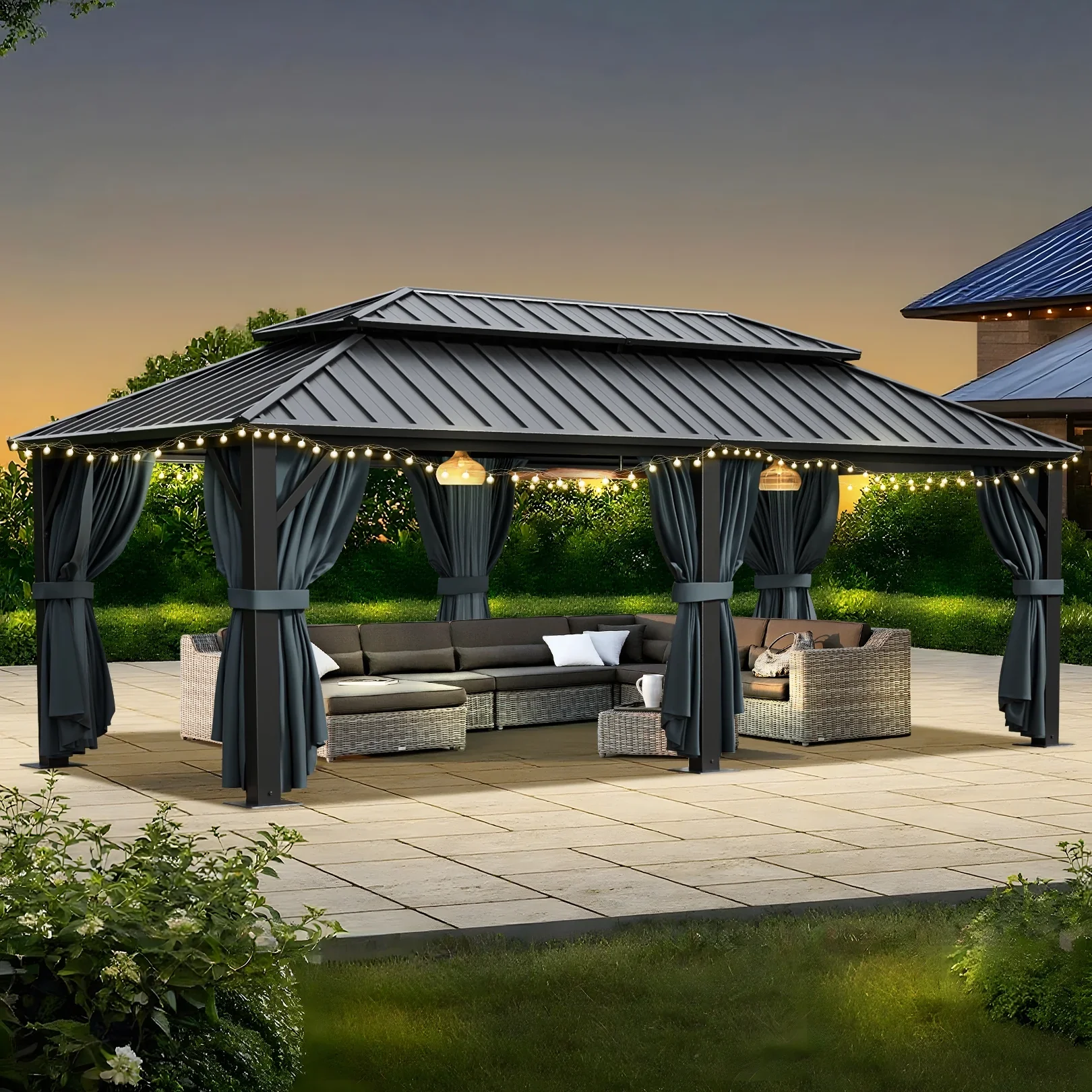 COBIZI 10x12 Hardtop Gazebo Aluminum Gazebos with Galvanized Steel Double Roof Metal Gazebo with Curtains and Netting Permanent Steel Gazebo for Backyard, Garden and Patio, Brown