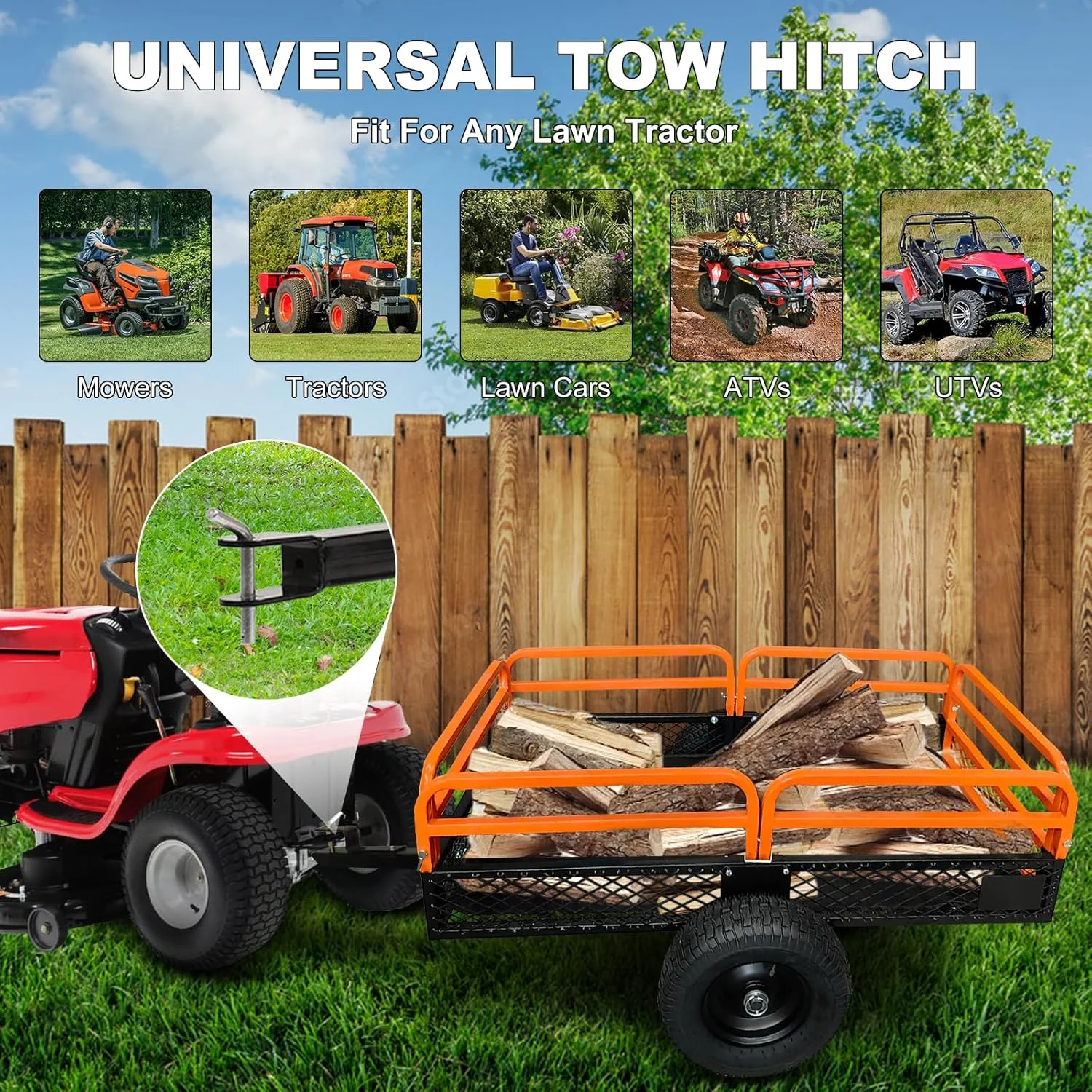 Heavy Duty Steel ATV Trailer,1600 Lbs Dump Cart, 15 Cubic Feet, Removable Sides, for Riding Lawn Mower Tractor(1600 lbs/Orange) - Image 4