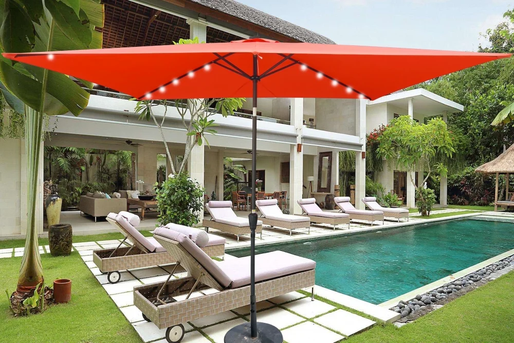 10 x 6.5t Patio Umbrella,Rectangular Picnic Table Umbrella,6-8 Chairs Tilt Umbrella with 26 LED Lights,Waterproof Umbrella Sunshade with Crank and Push Button Tilt for Garden Backyard Pool,LIGHT GREY