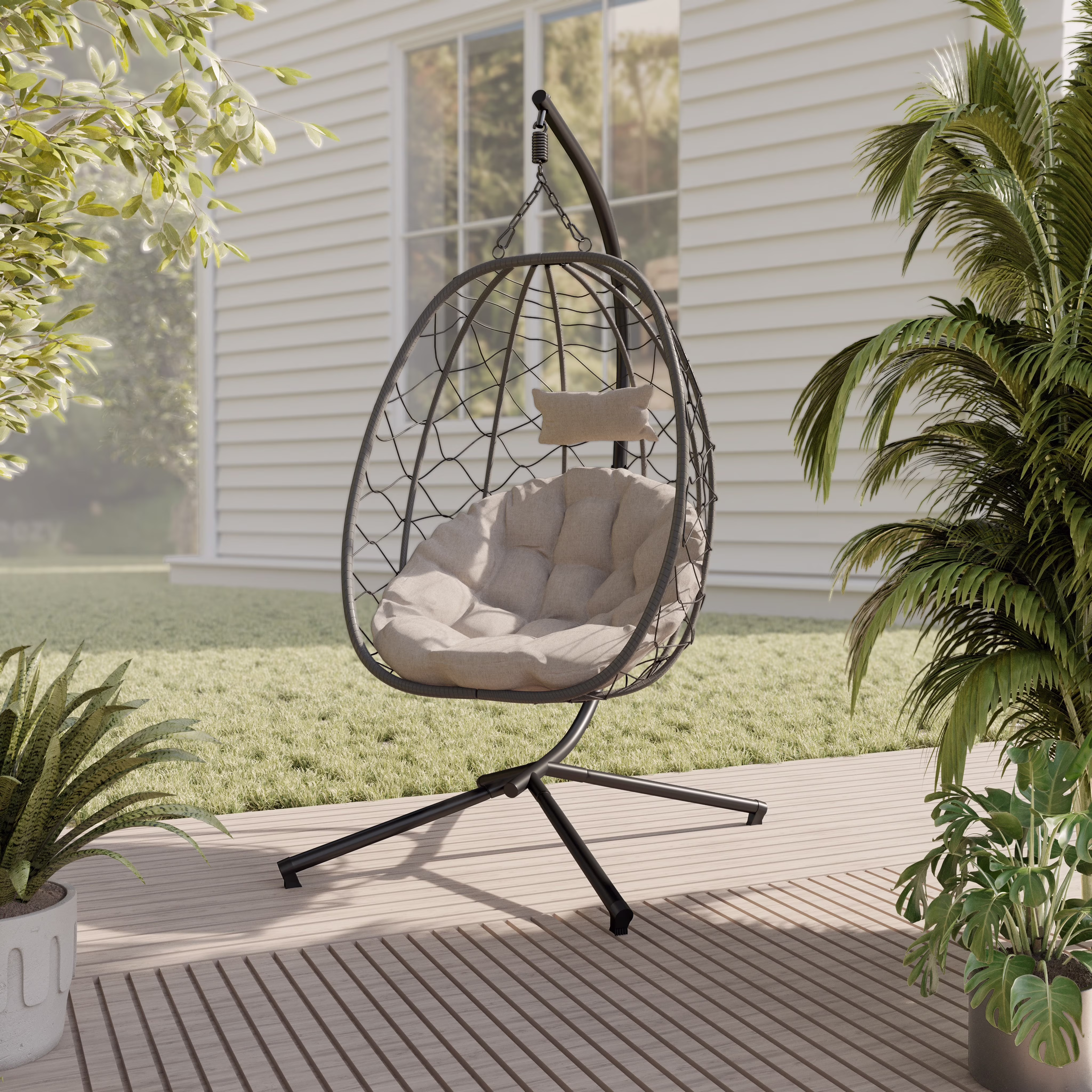 Single Person Egg Swing Chair Powder-Coated Iron Stand in Black and Steel Chains with Removable Cushions Summit Collection in Charcoal(Charcoal) - Image 3