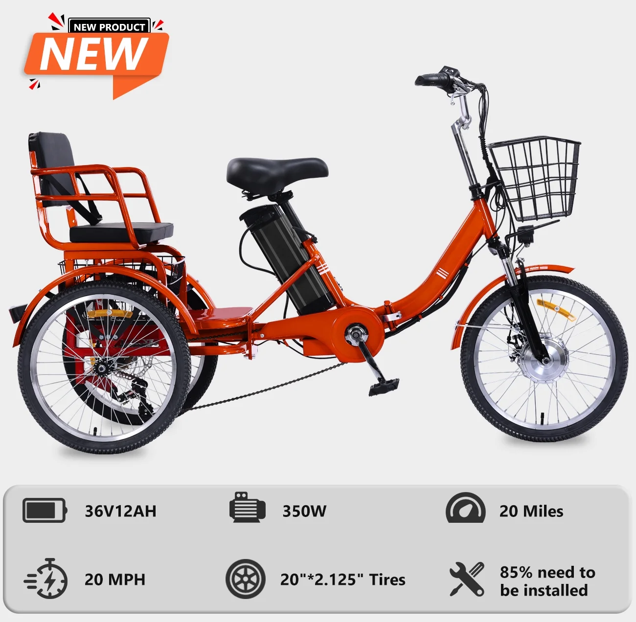 Electric Tricycle for Adults Folding Electric Trike 3 Wheel Electric Trike with Two-seater Large Basket Super Powerful Brushless 350W Motor 48V13AH Lithium Battery Max 20MPH E-Tricycle Orange - Image 3