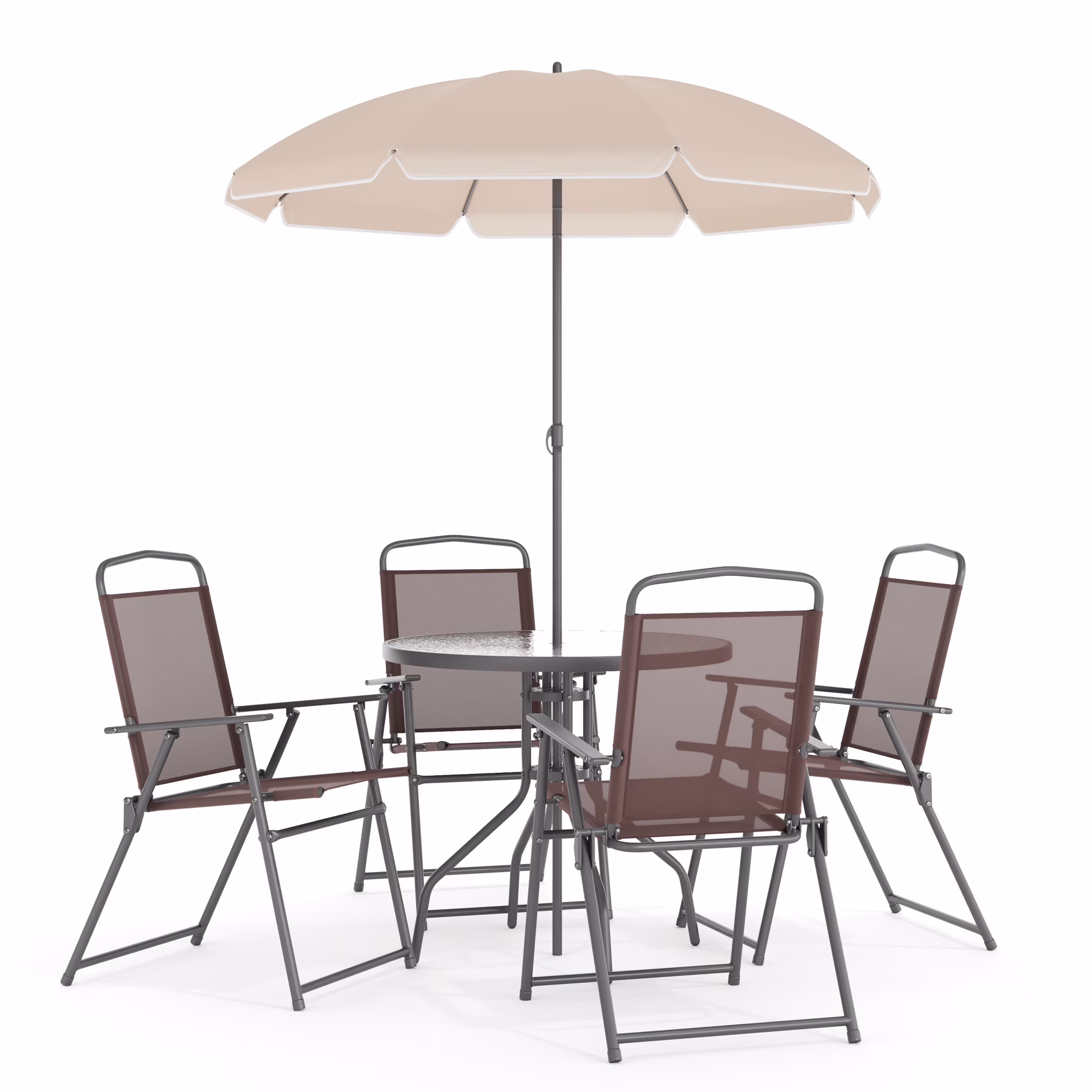 Flash Furniture Nantucket 6 Piece Black Patio Garden Set with Umbrella Table and Set of 4 Folding Chairs