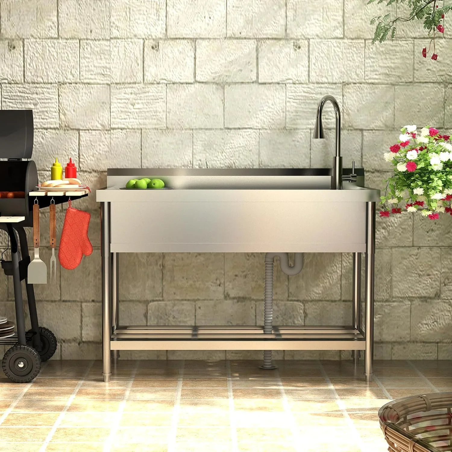 TROPOW 24x20x42 Inch Stainless Steel Utility Sink, Freestanding Single Bowl with Cold and Hot Water Pipe and Faucet, Commercial Sink Kitchen Sink for Restaurant Laundry Room Bathroom Garage Garden