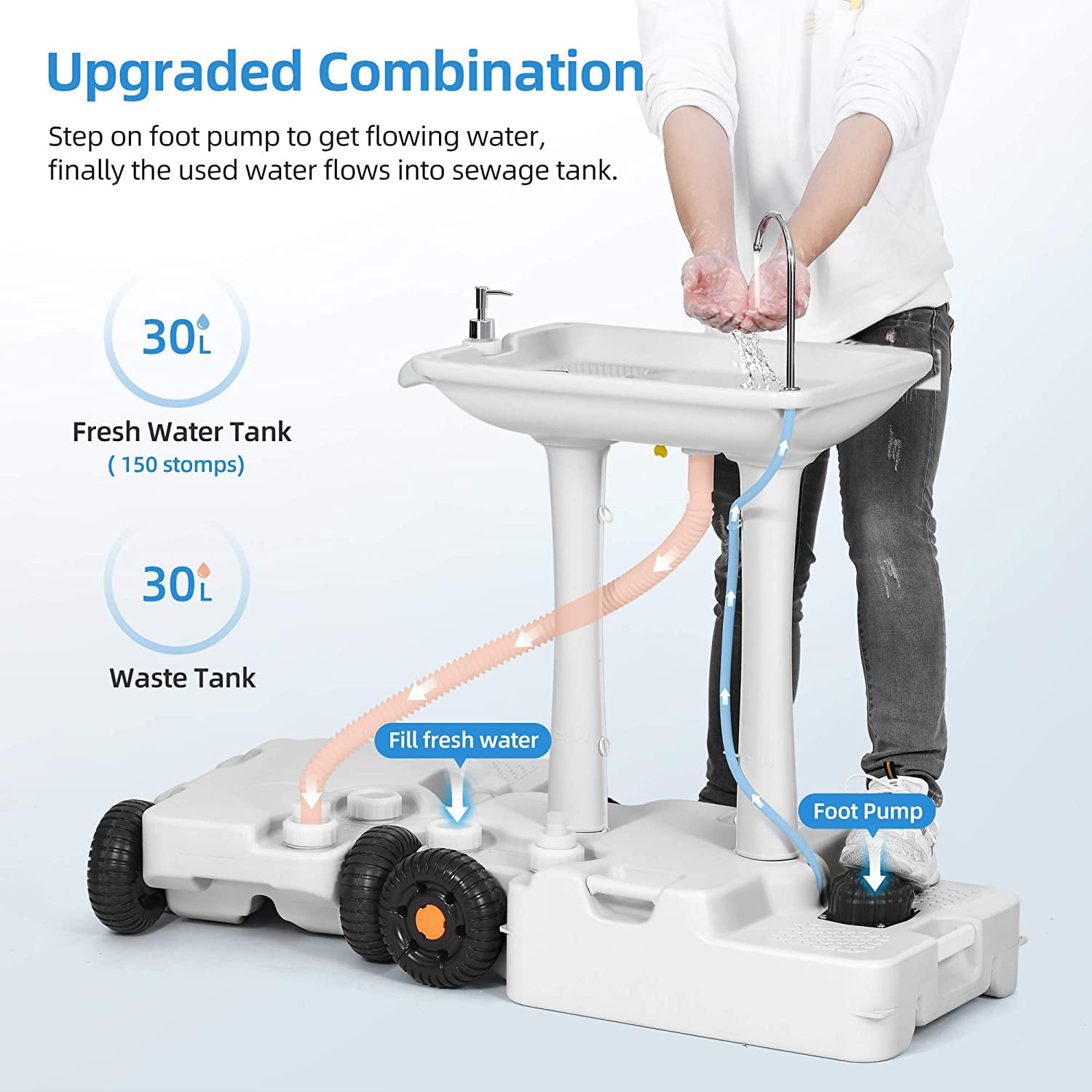 Portable Sink Camping 30 L with Rolling Wheels. Hand Washing Station with 30 L Sewage Tank. Rolling Wheels. Soap Dispenser. Towel Holder. Ideal for Outdoor. White