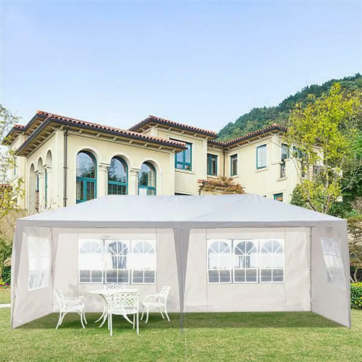 QHTT 3 x 6m 4 Sides Waterproof Tent with Spiral Tubes for Home Garden Wedding Party White