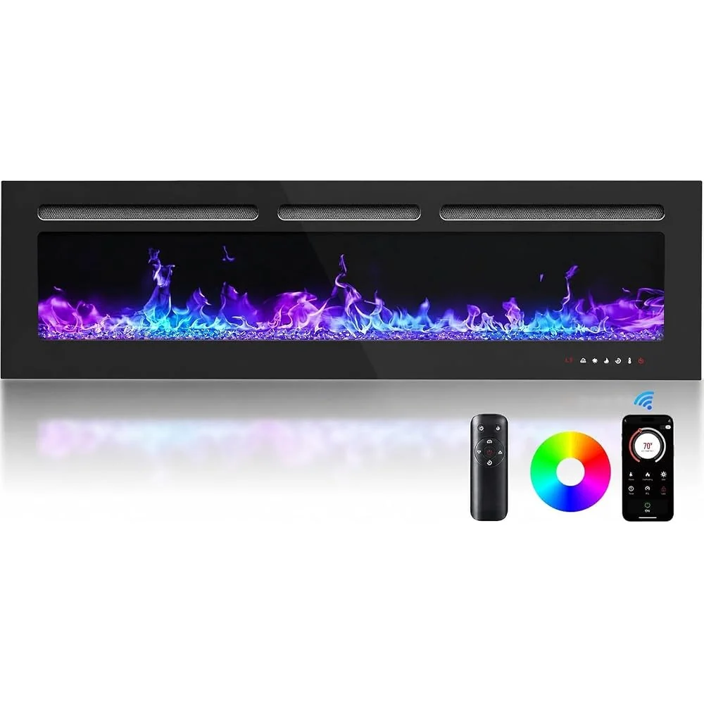 Silonn 50-Inch Smart Electric Fireplace, Ultra-Slim Wall-Mounted or Recessed Fireplace Heater with 1400W Heat, WiFi App & Remote Control, Timer and 20 Customizable Flame Colors
