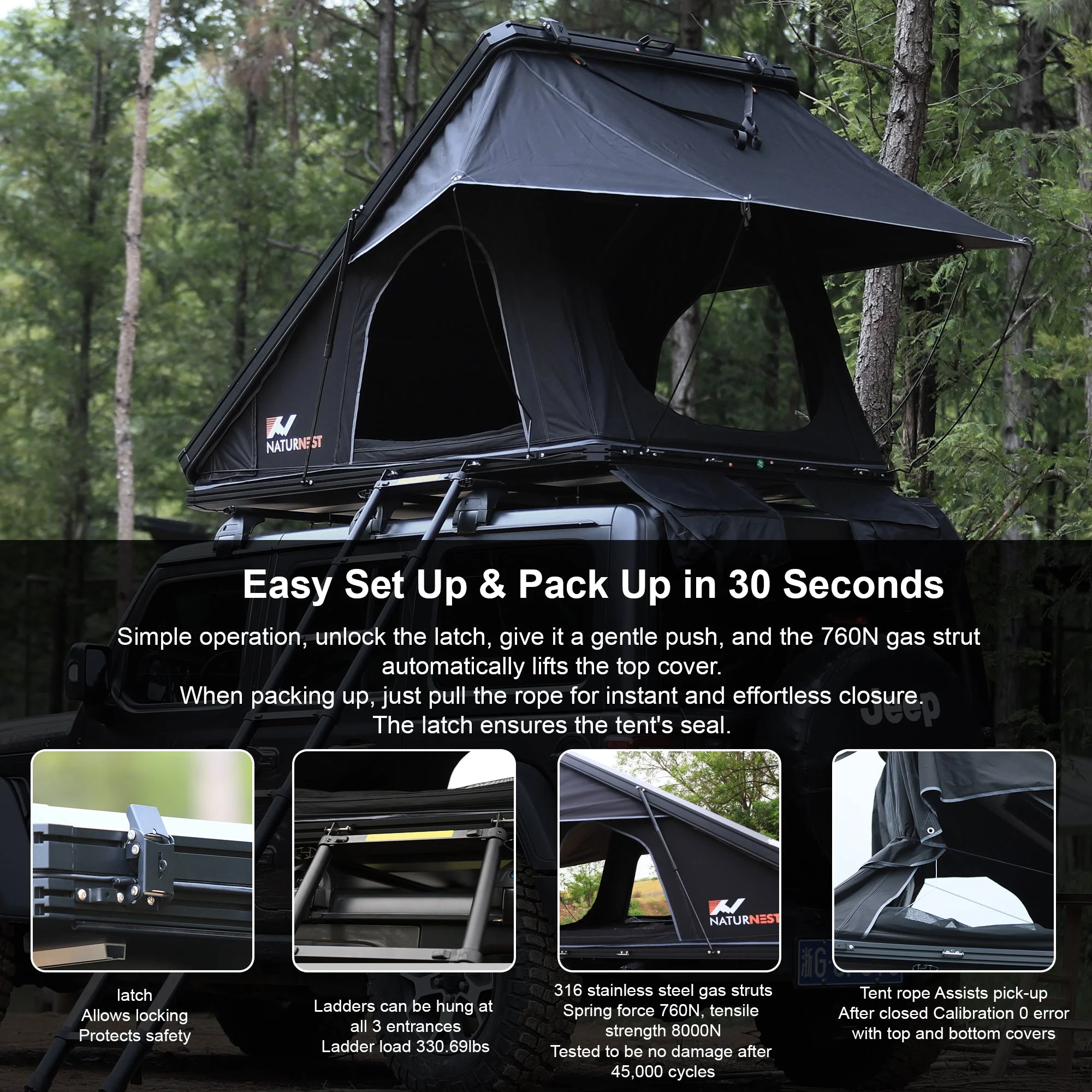 Polaris2 Hardshell Rooftop Tent with 2 Luggage Racks, Car Roof Top Tent with AC Inlets, 3-Color LED Lights and Internal USB Plug for Vans, Jeeps, SUVs and Trucks, 2-3 Person Tent - Image 8