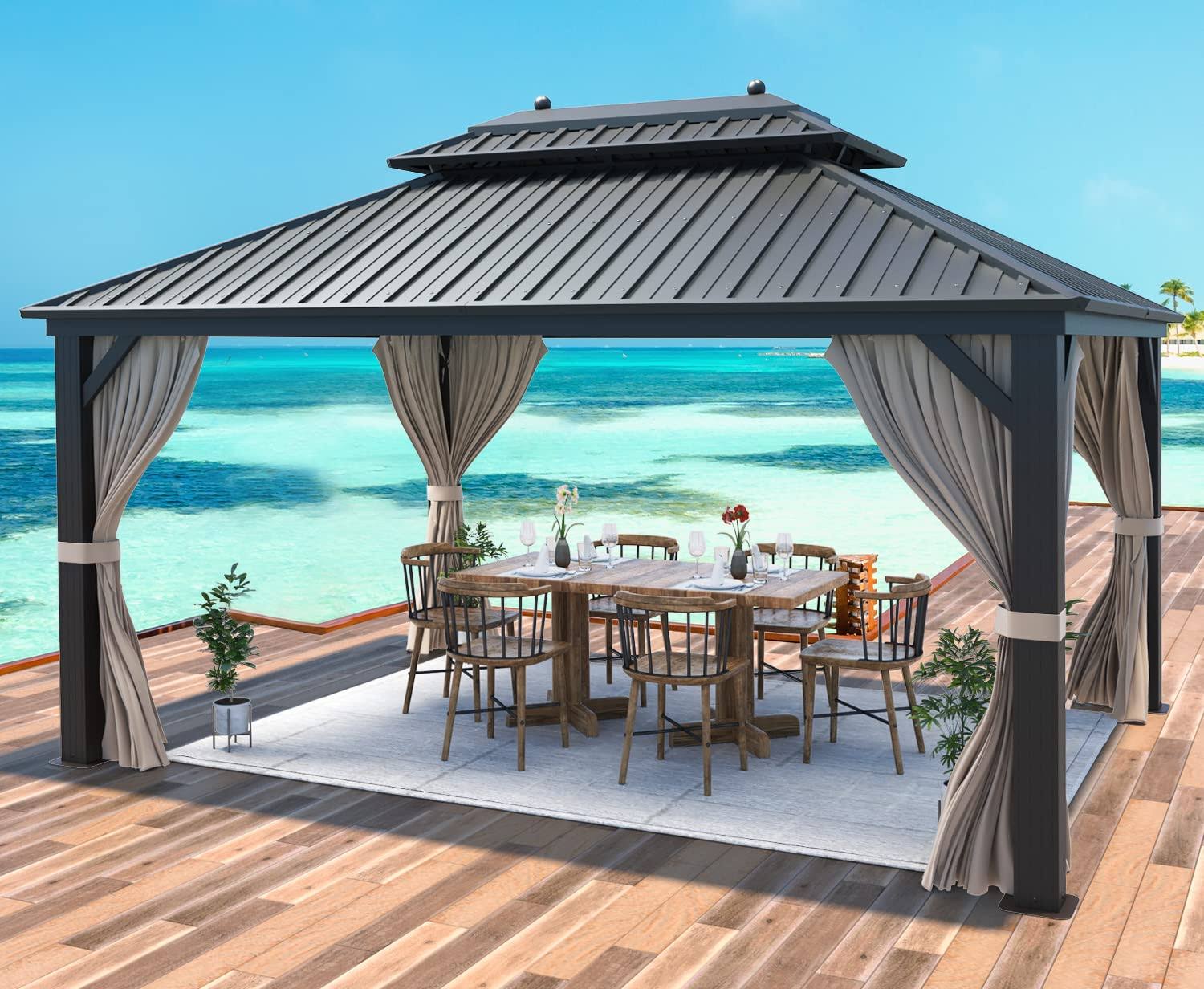 Mellcom 10' x 13' Hardtop Gazebo Galvanized Steel Outdoor Gazebo Canopy Double Vented Roof Pergolas Aluminum Frame with Netting and Curtains for