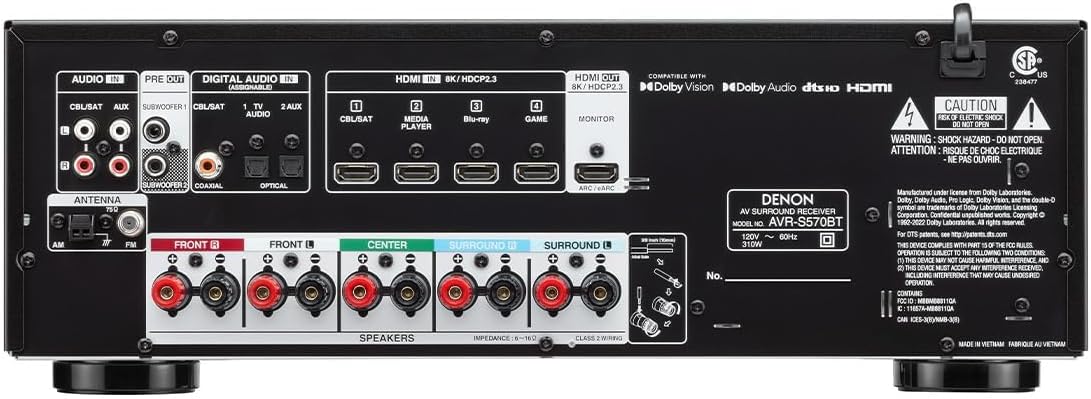 Denon AVR-S570BT AV Receiver 5.2 Channel 8K Ultra HD Audio & Video  Stereo Receivers  Denon AVR Wireless Streaming Bluetooth  (4) 8K HDMI Inputs  eARC  HD Setup Assistant