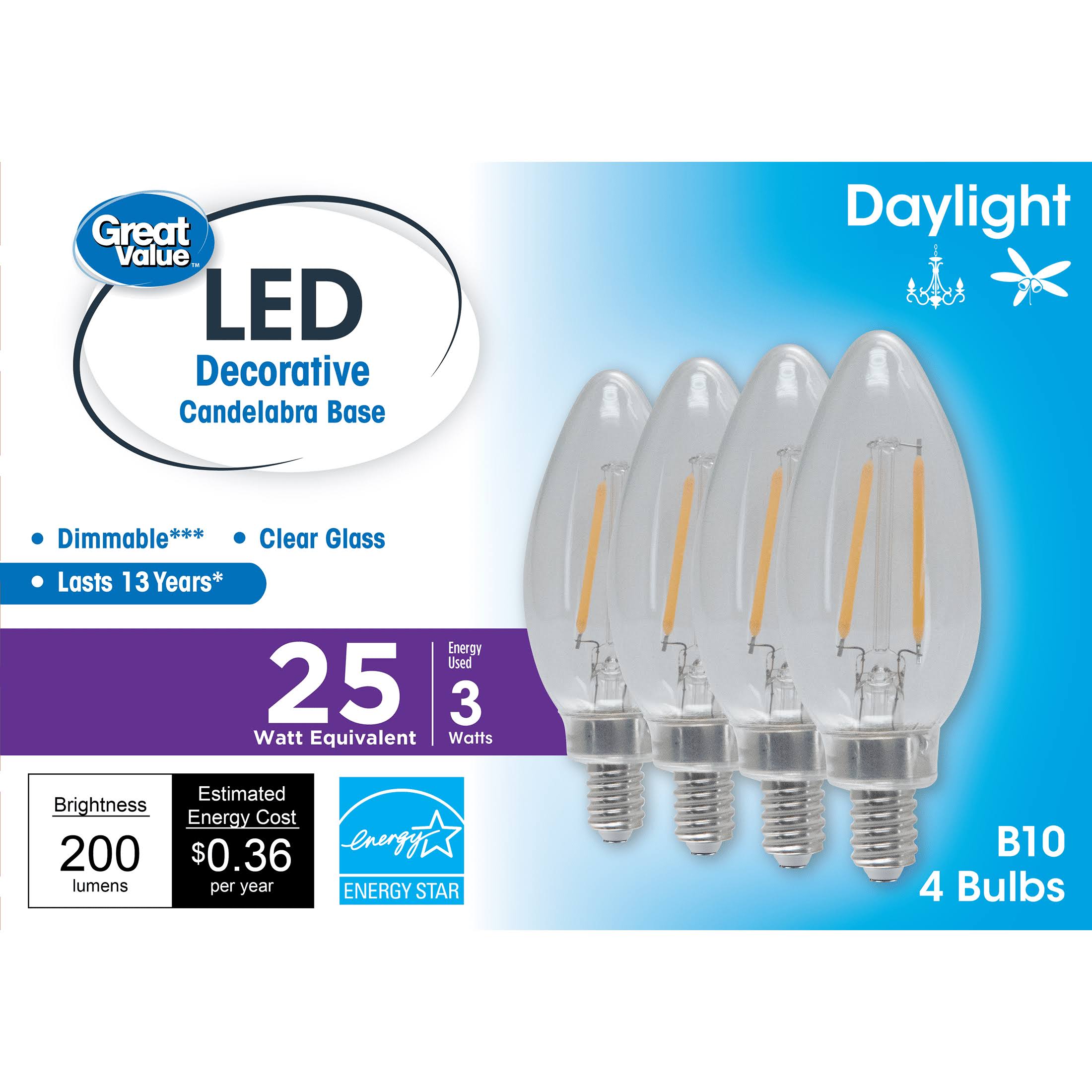 Great Value LED Light Bulb, 3W (25w Equivalent) B10 Deco Lamp E12 Candelabra Base, Dimmable, Daylight, 4-Pack