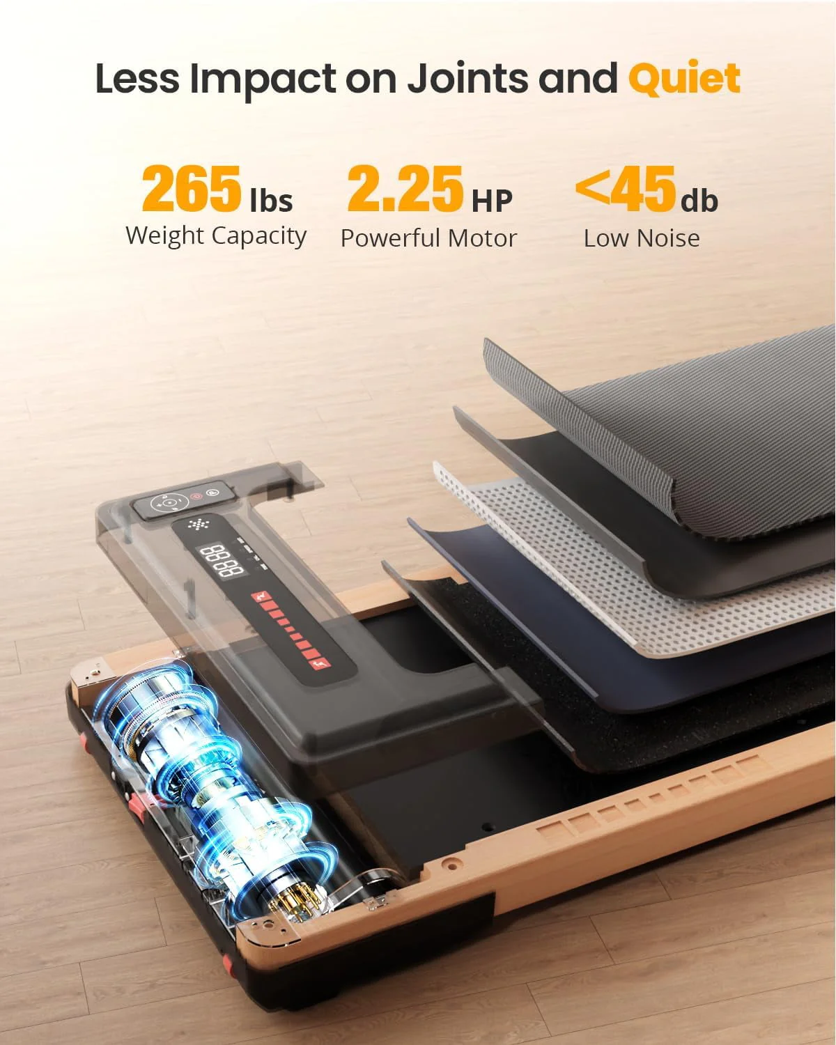 2 5HP Walking Pad Wood Under Desk Treadmill, Portable Mini Treadmill with Remote Control, Bluetooth, 265lbs Capacity, Installation Free Jogging Machine for Home/Office Image 5