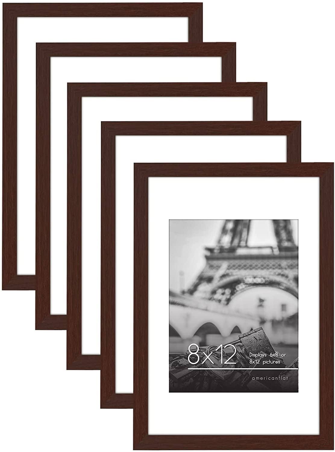 Americanflat 8x12 Picture Frame in Mahogany - Set of 5 Frames - Displays 6x8 with Mat and 8x12 Without Mat - with Plexiglass Cov