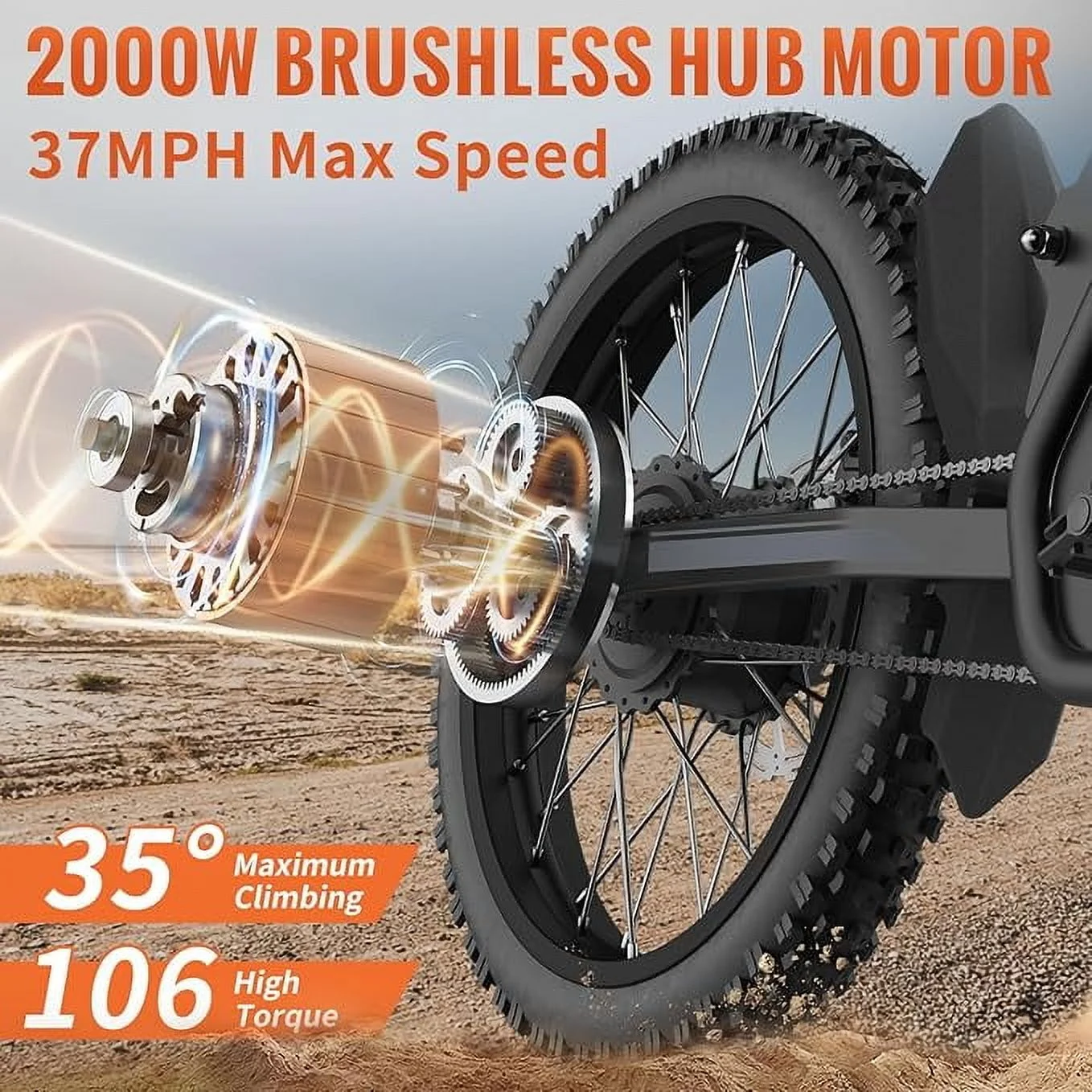2000W Electric Dirt Bike for Adults GT73 UL2849,Brushless Hub Motor,18.2AH*2 Electric Bike with 25\" tires digital screen Carbon Steel,Black(GT73 37Mph 2400W) - Image 2