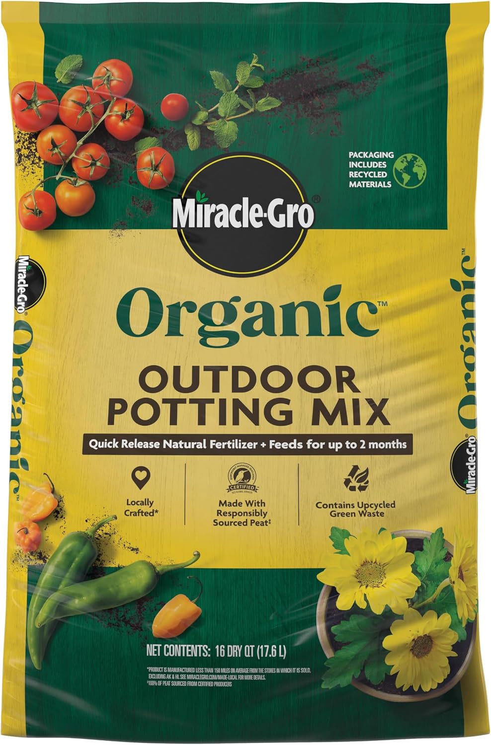 Miracle-Gro Organic Outdoor Potting Mix, 16 qt| Plant Soil For Outdoor Container Plants, Contains Quick-Release Natural Fertilizer, OMRI Listed