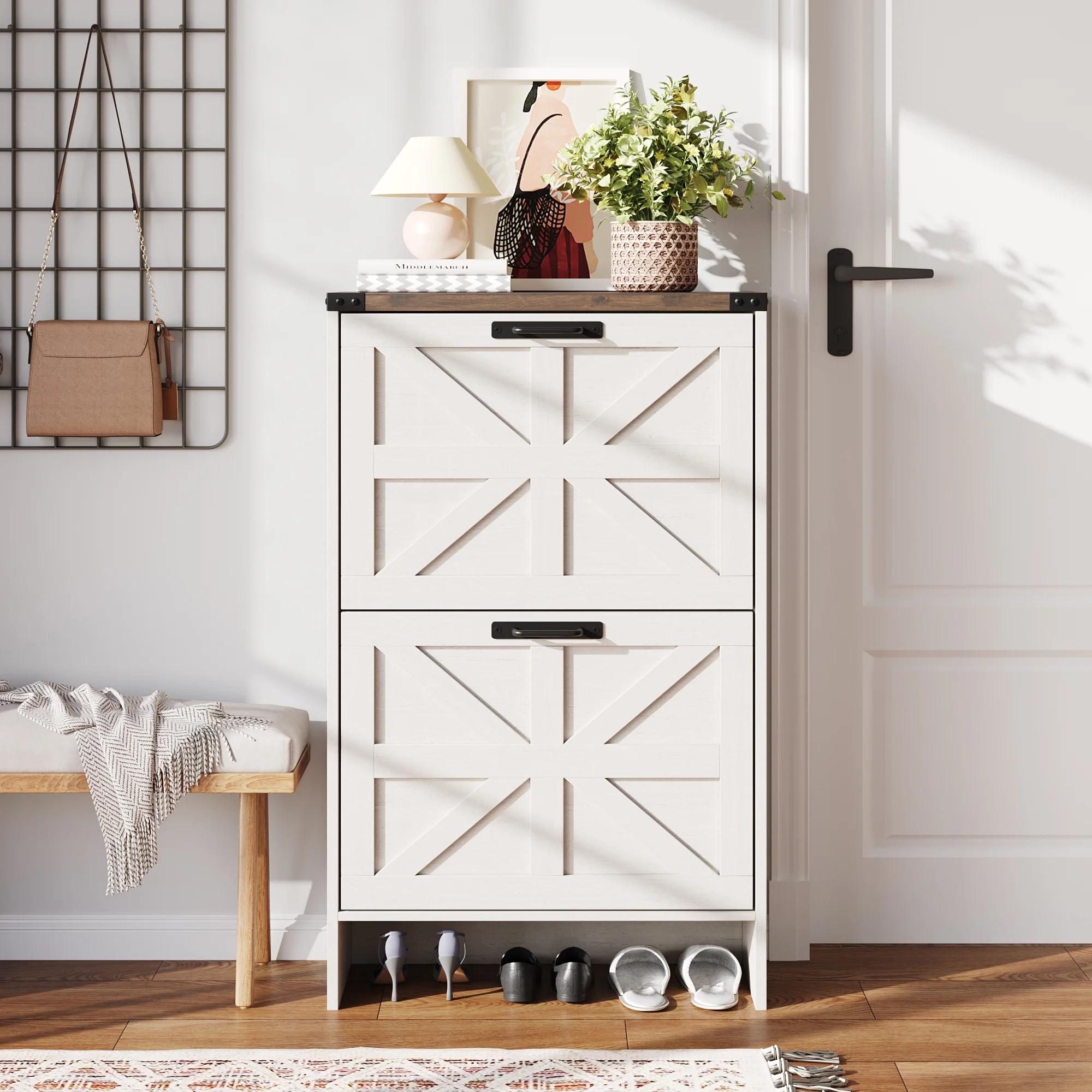 Shoes Storage Cabinet With Doors, Farmhouse Shoe Cabinet With 2 Flip Drawers For Entryway,Gray(White) - Image 8