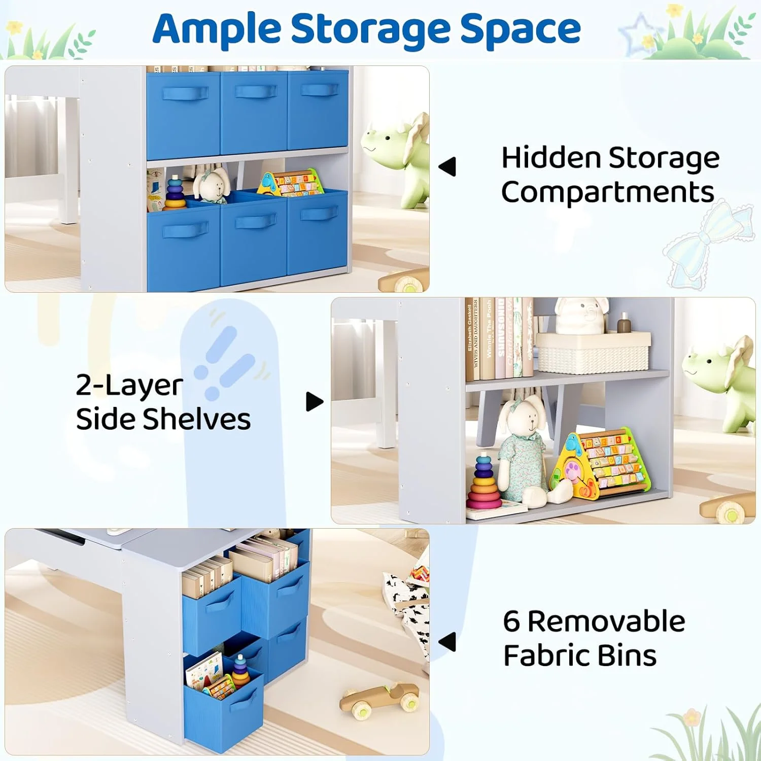 Kids Art Table and 2 Chairs Set, 2 in 1 Easel Toddler Craft Table and Chairs Set with Storage Bins, Paint Cups and Paper Roll, Activity Table Set for Children 3+(Blue) - Image 6