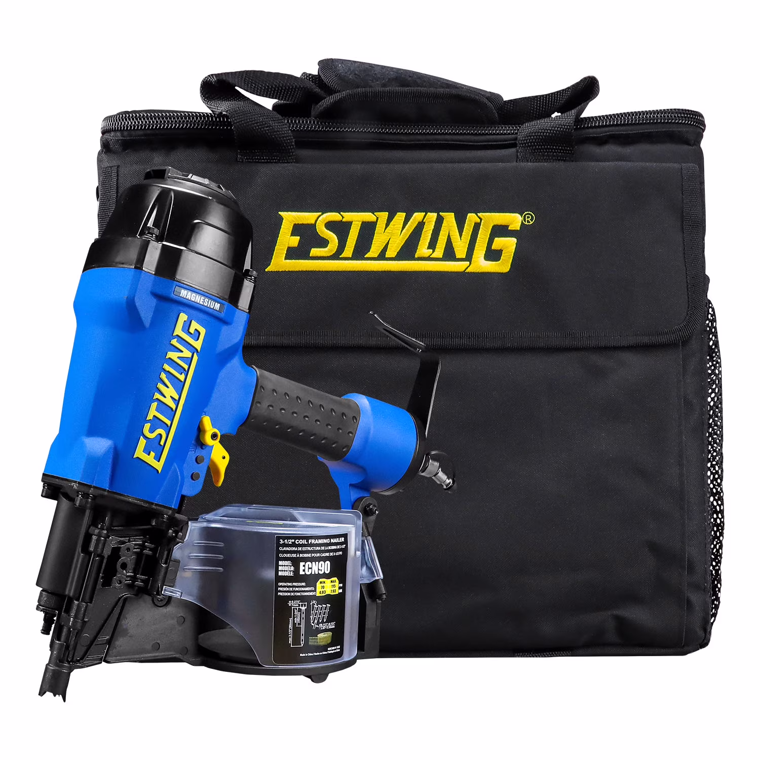 Estwing ECN90 Pneumatic 15 Degree 3-1/2 Coil Framing Nailer with 1/4 NPT Industrial Swivel Fitting and Bag