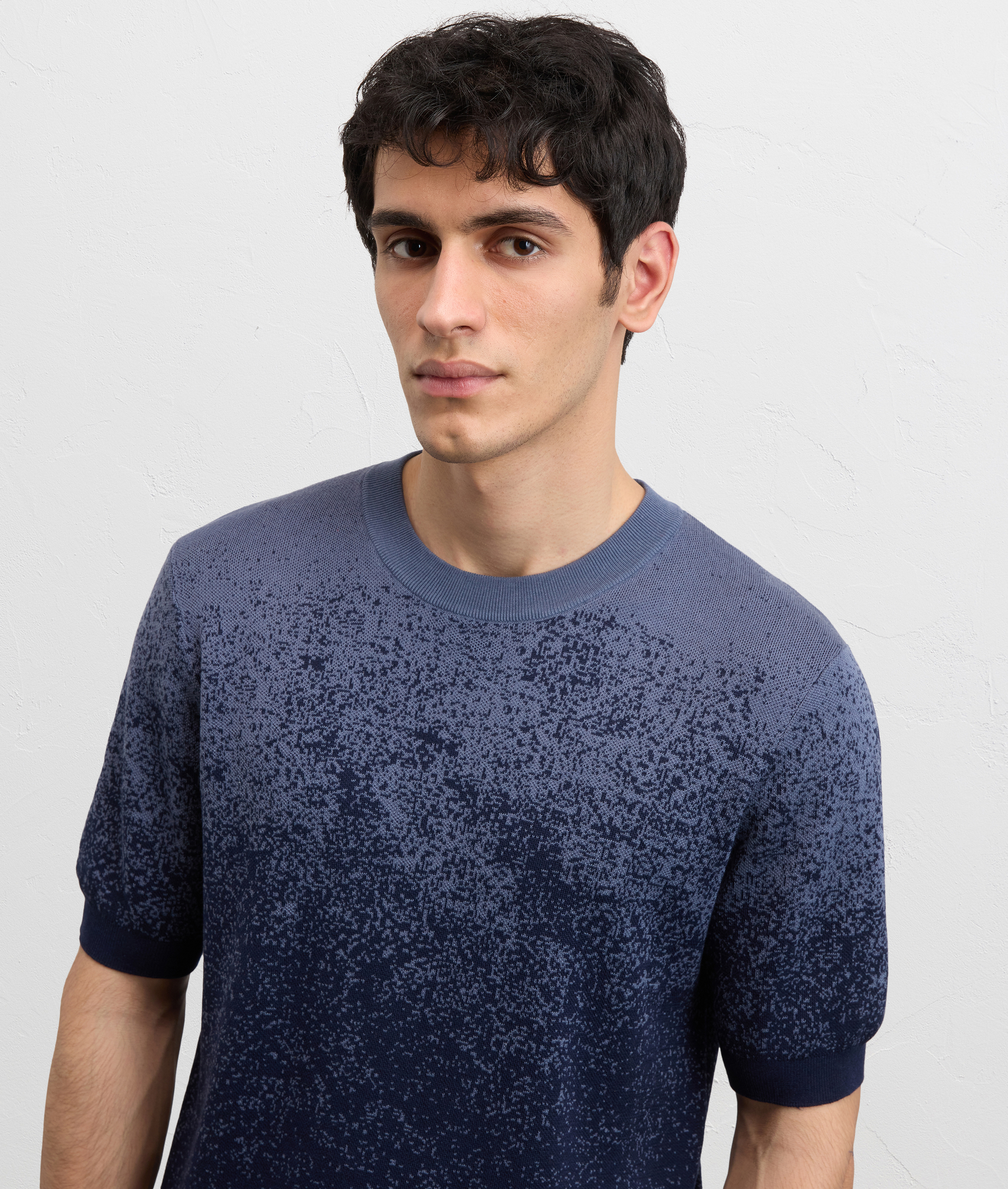 LIGHT BLUE LYOCELL COTTON AND SILK KNITTED T SHIRT WITH JACQUARD SHADED EFFECT